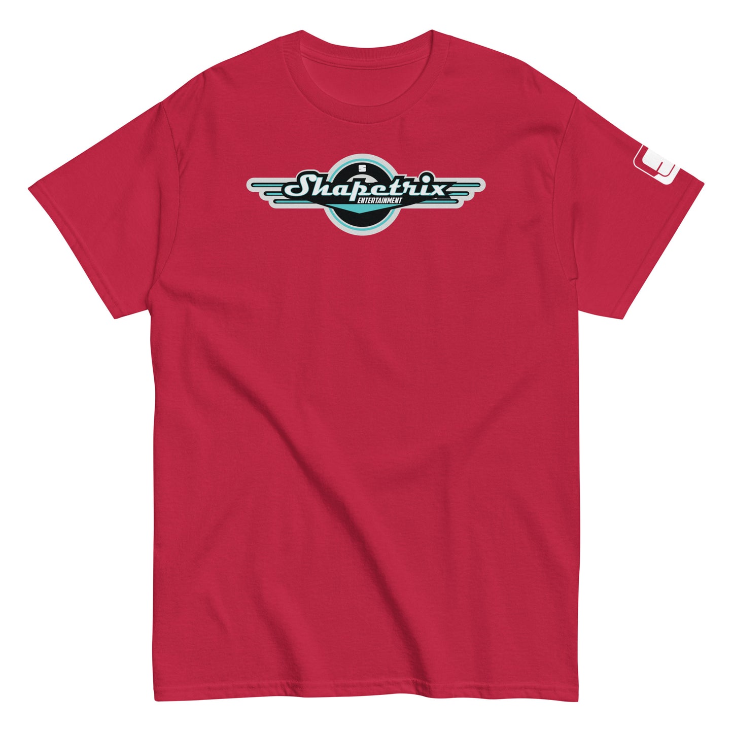 A flat-laid deep red t-shirt featuring the Shapetrix Entertainment logo prominently on the chest. The logo, set against a black circle, features stylish, elongated white and teal lettering with a winged design on each side, symbolizing a blend of classic and modern aesthetics. The left sleeve is adorned with a small, rectangular Shapetrix Entertainment tag, adding a discrete branding detail to the overall design of the shirt.