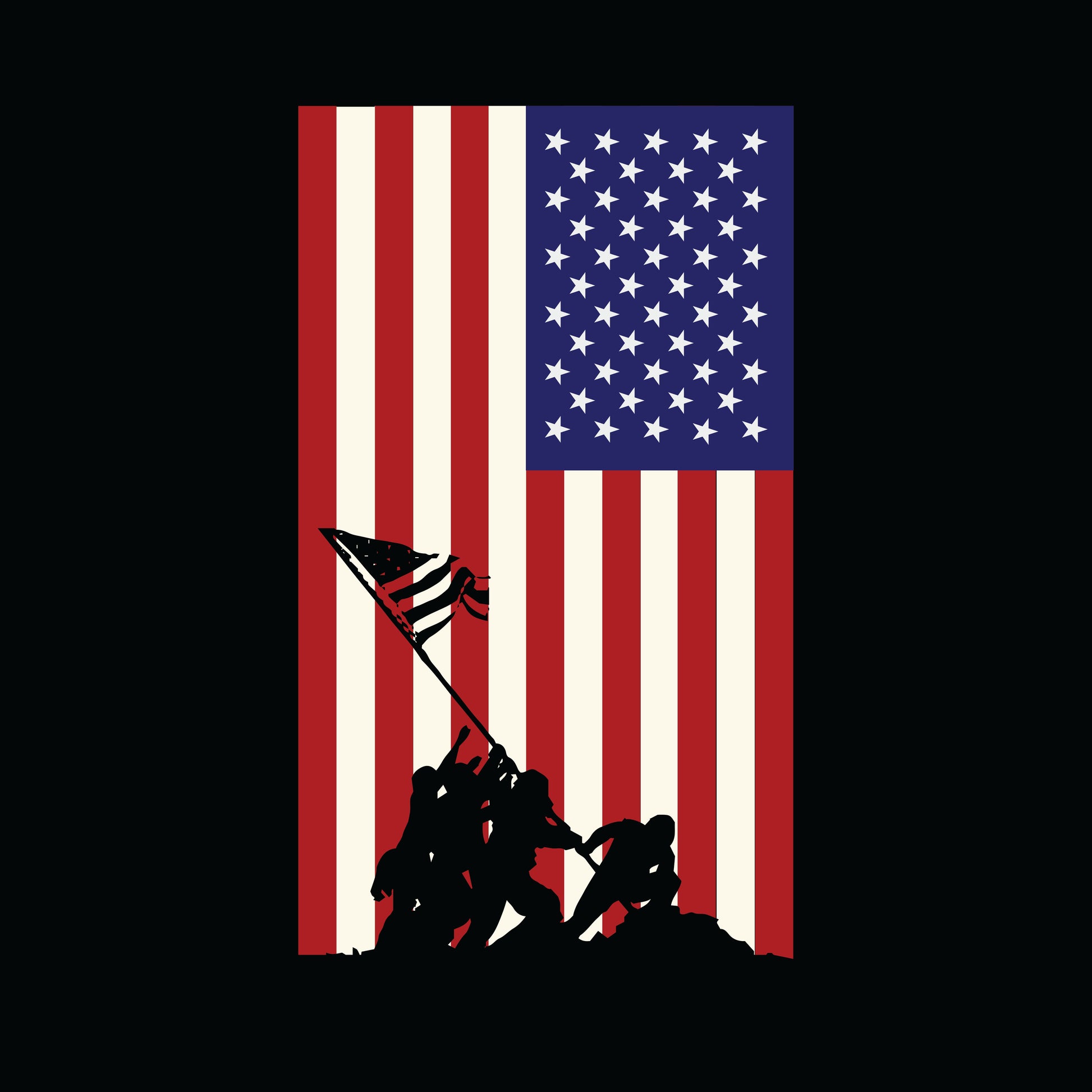 The image depicts a stylized silhouette of soldiers raising a flag, set against a backdrop of the American flag. The stars and stripes are rendered in traditional red, white, and blue, with the soldiers cast in black, creating a powerful and patriotic scene reminiscent of the iconic Iwo Jima photograph.