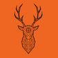 Artistic illustration of a geometric deer head on an orange background. The deer features elaborate line work and symmetrical shapes forming its antlers and facial details, creating a striking and modern visual.