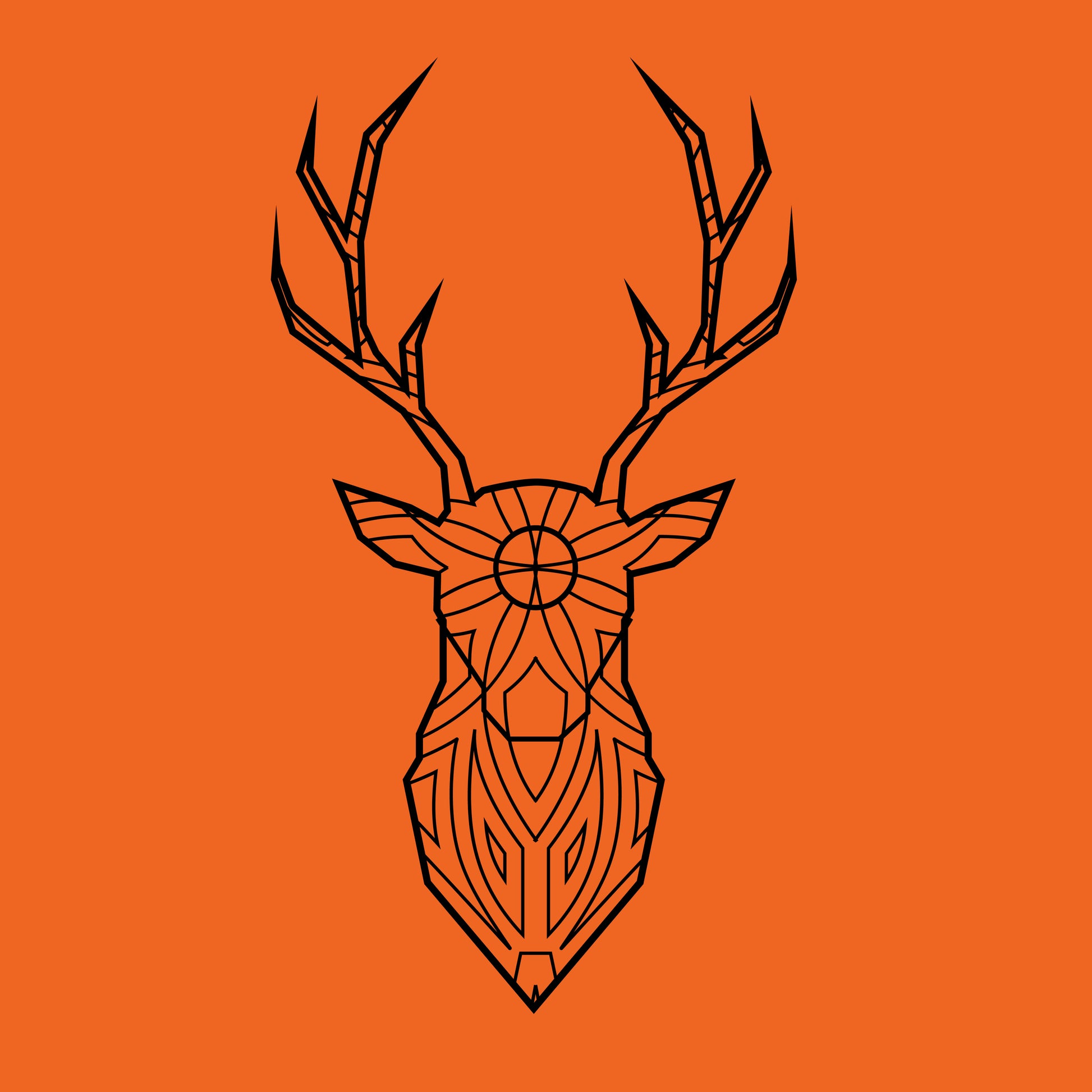 Artistic illustration of a geometric deer head on an orange background. The deer features elaborate line work and symmetrical shapes forming its antlers and facial details, creating a striking and modern visual.