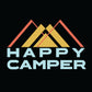 The image features a minimalist graphic design titled "HAPPY CAMPER". It displays three overlaid mountains in a stylized triangular form with muted colors of yellow, orange, and pink. Above the mountains, the phrase "HAPPY CAMPER" is written in a bold, sans-serif font in pale blue, set against a dark background that enhances the visibility of the vibrant design elements. This modern, clean aesthetic evokes the spirit of outdoor adventure and camping.