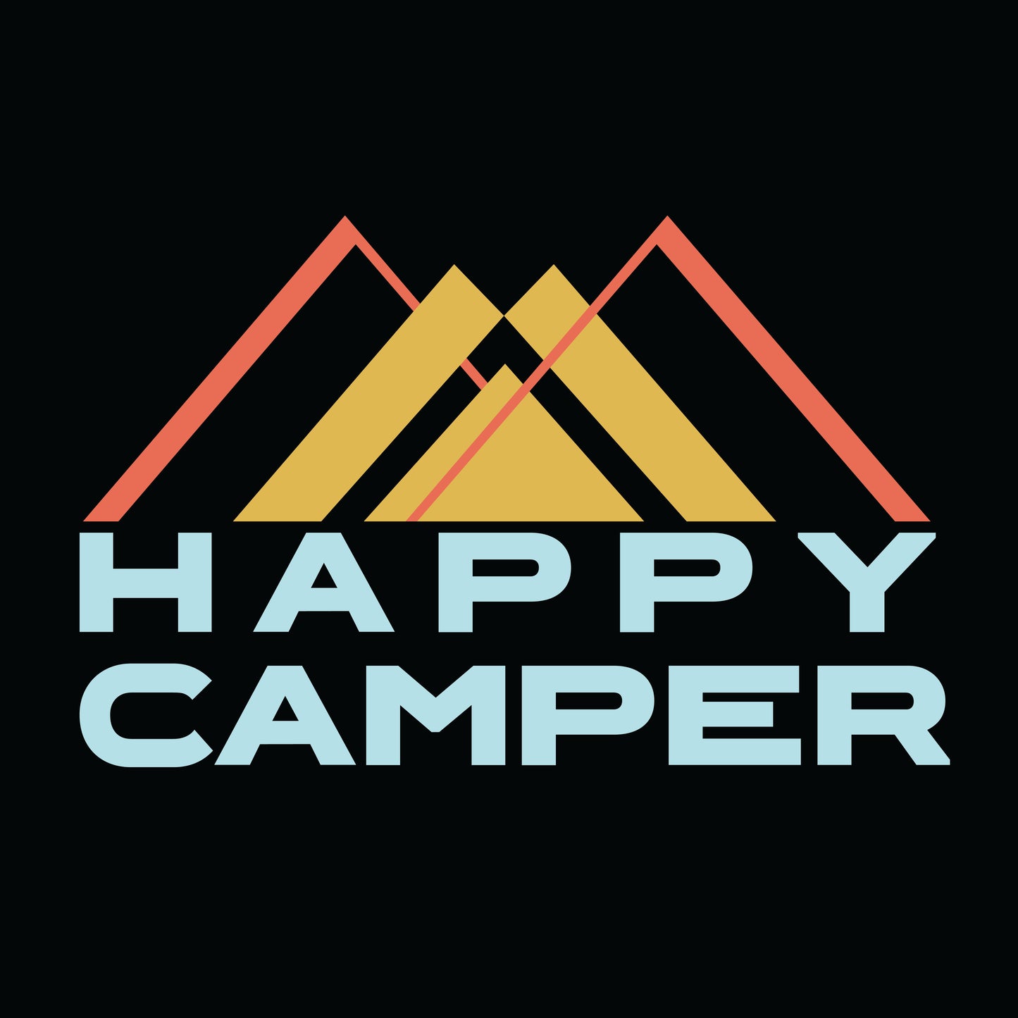 The image features a minimalist graphic design titled "HAPPY CAMPER". It displays three overlaid mountains in a stylized triangular form with muted colors of yellow, orange, and pink. Above the mountains, the phrase "HAPPY CAMPER" is written in a bold, sans-serif font in pale blue, set against a dark background that enhances the visibility of the vibrant design elements. This modern, clean aesthetic evokes the spirit of outdoor adventure and camping.