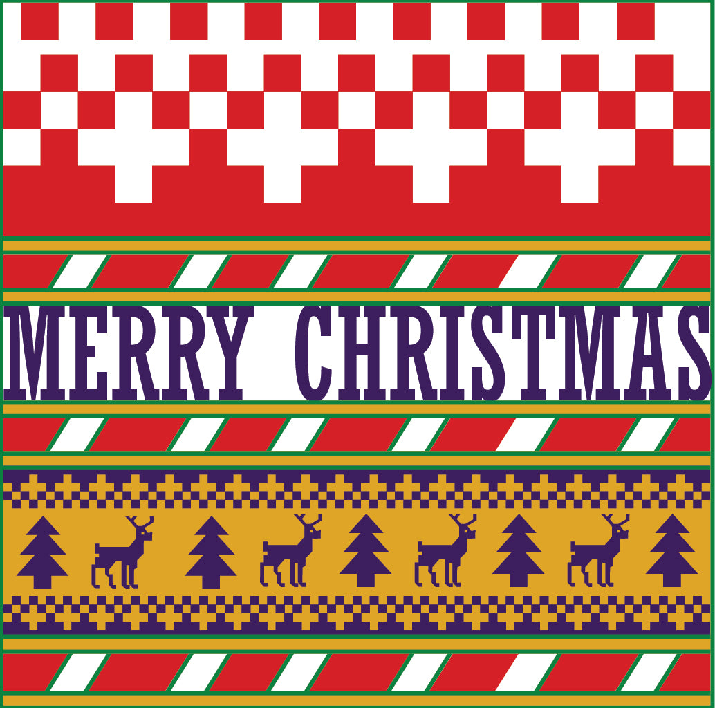 Alt text: "A vibrant and festive Christmas sweater design featuring a red background with multiple horizontal bands of patterns. The top band consists of white and red checkerboard squares, followed by a broad stripe with the bold text 'MERRY CHRISTMAS' in white on green. Beneath this is a yellow band depicting a repeating scene of deer and pine trees against a festive backdrop. This traditional holiday sweater design evokes the spirit and joy of the Christmas season.