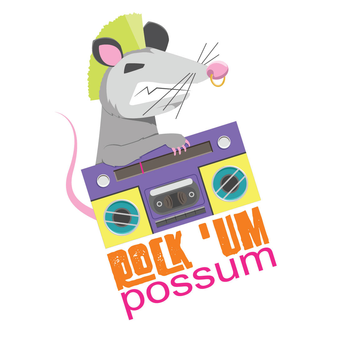 Alt text: A playful graphic featuring a cartoon possum with a neon green mohawk, holding a purple boombox. The possum, rendered in shades of gray with a pink nose and a long tail, exudes a vibrant and fun vibe as it perches atop the phrase "ROCK 'UM POSSUM" in bold, multicolored letters. The design of the boombox adds a retro feel, appealing to fans of nostalgic and whimsical illustrations.
