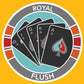 This image features a vibrant graphic of a Royal Flush poker hand against a circular background. The hand includes the 10, Jack, Queen, King, and Ace of spades, arranged in a fan shape. Surrounding the cards is a gray ring labeled "ROYAL FLUSH" at the top. The outer edge of the circle is divided into segments alternating in shades of red and orange, giving the impression of a poker chip The entire graphic is set against a bright yellow backdrop, enhancing the colorful and gaming-themed visual.