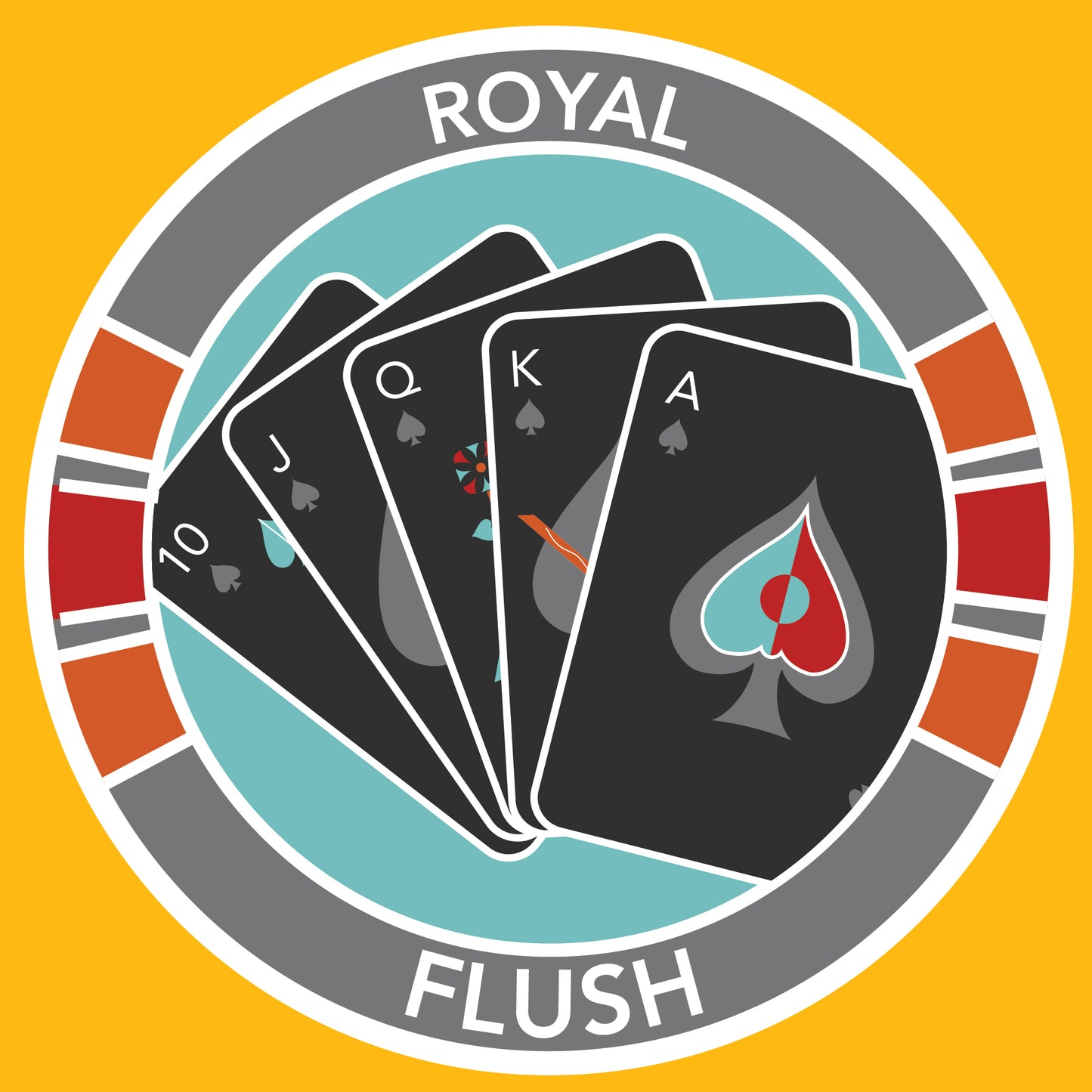 This image features a vibrant graphic of a Royal Flush poker hand against a circular background. The hand includes the 10, Jack, Queen, King, and Ace of spades, arranged in a fan shape. Surrounding the cards is a gray ring labeled "ROYAL FLUSH" at the top. The outer edge of the circle is divided into segments alternating in shades of red and orange, giving the impression of a poker chip The entire graphic is set against a bright yellow backdrop, enhancing the colorful and gaming-themed visual.