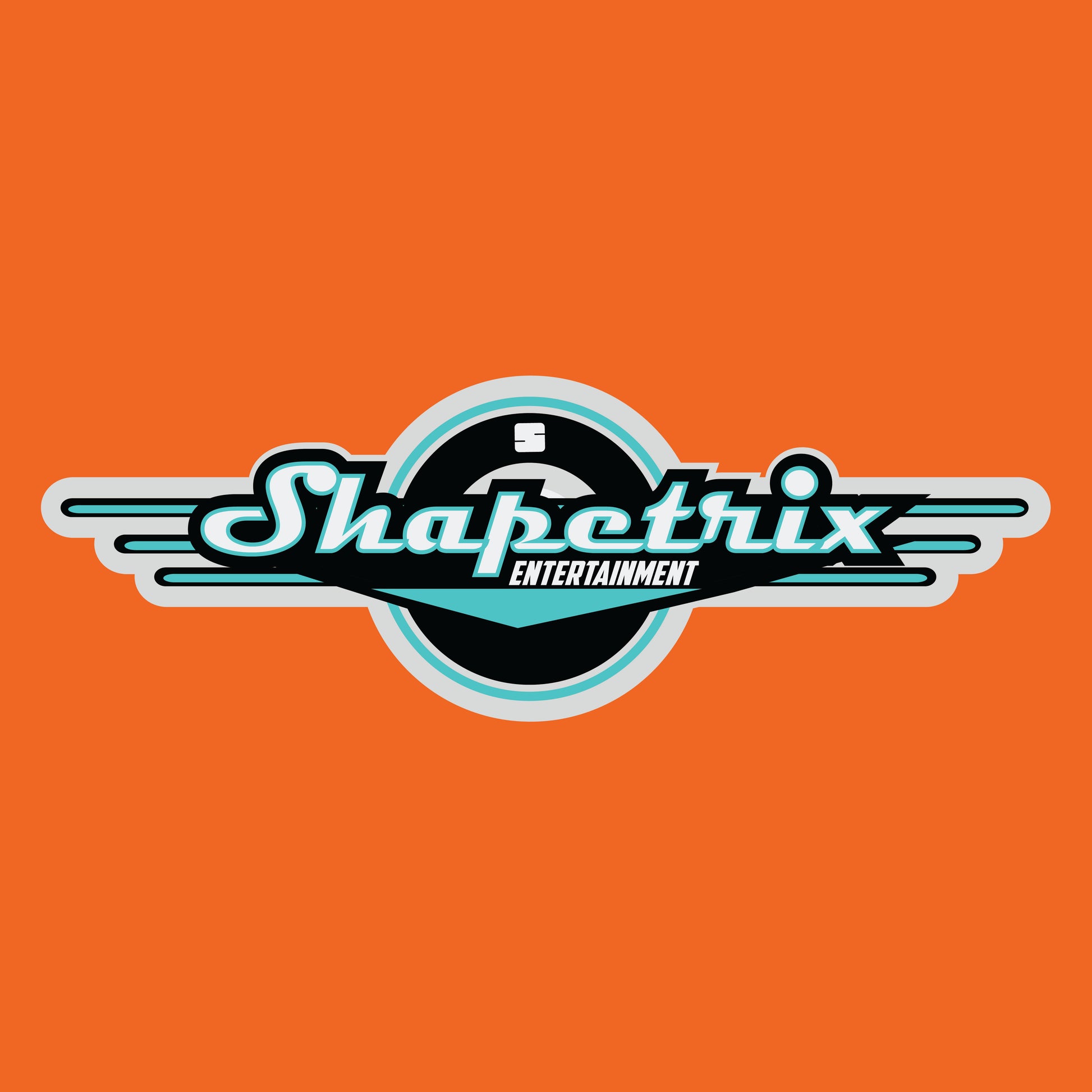 
The image features the logo for Shapetrix Entertainment set against a vibrant orange background. The logo includes a stylized circular emblem with wings extending from either side, rendered in black and teal with white highlights. The words "Shapetrix Entertainment" are elegantly incorporated within the design, suggesting a dynamic and creative company.