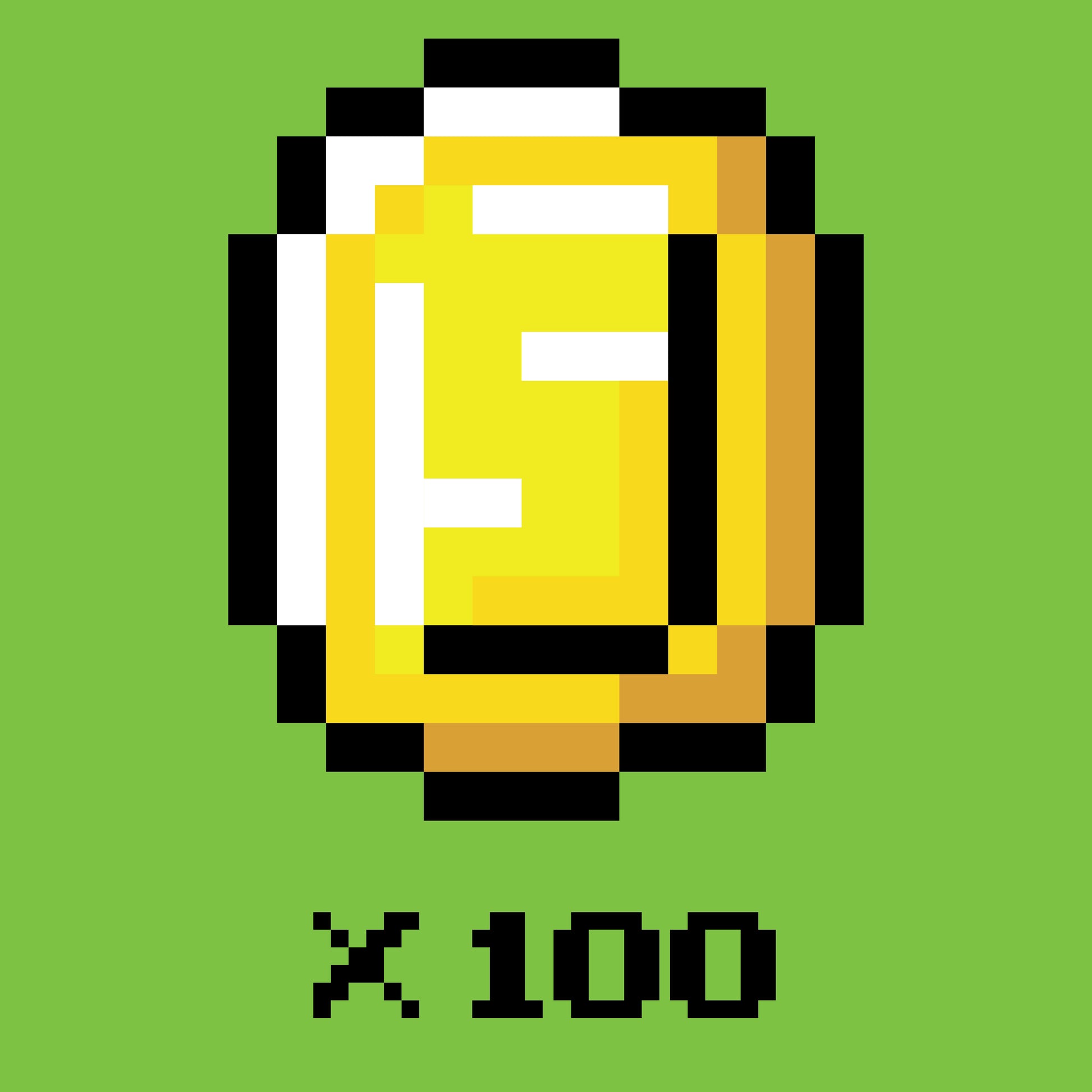 A pixel art illustration of a coin, resembling classic video game graphics. The coin is gold with a bold letter 'S' embossed in its center, surrounded by a black and white border that suggests a shimmering effect. The background is a solid lime green, and below the coin, the text "x 100" indicates a quantity or score, rendered in a simple, pixelated black font.
