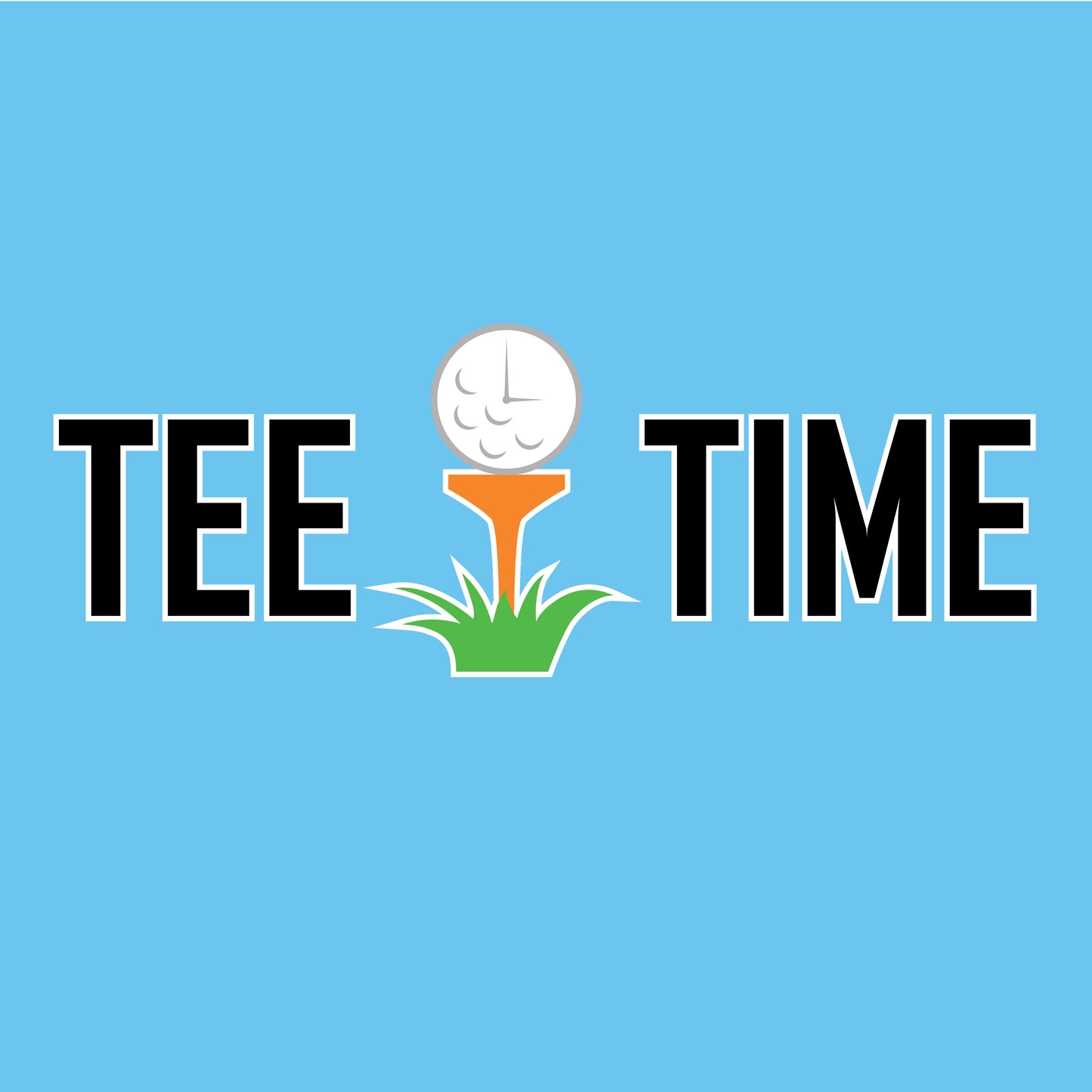 A clean and bold logo design featuring the phrase "TEE TIME" in black uppercase letters on a bright blue background. The "I" in "TIME" is replaced with an orange golf tee and a white golf ball sitting on green grass. The golf ball is detailed with clock markings, creatively combining the themes of golf and time.