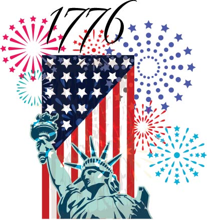 A vibrant graphic for a t-shirt featuring a patriotic '1776' theme. The design showcases the Statue of Liberty in front of a stylized American flag with red and white stripes and a field of stars, accented by colorful fireworks in red, white, and blue bursting in the background.