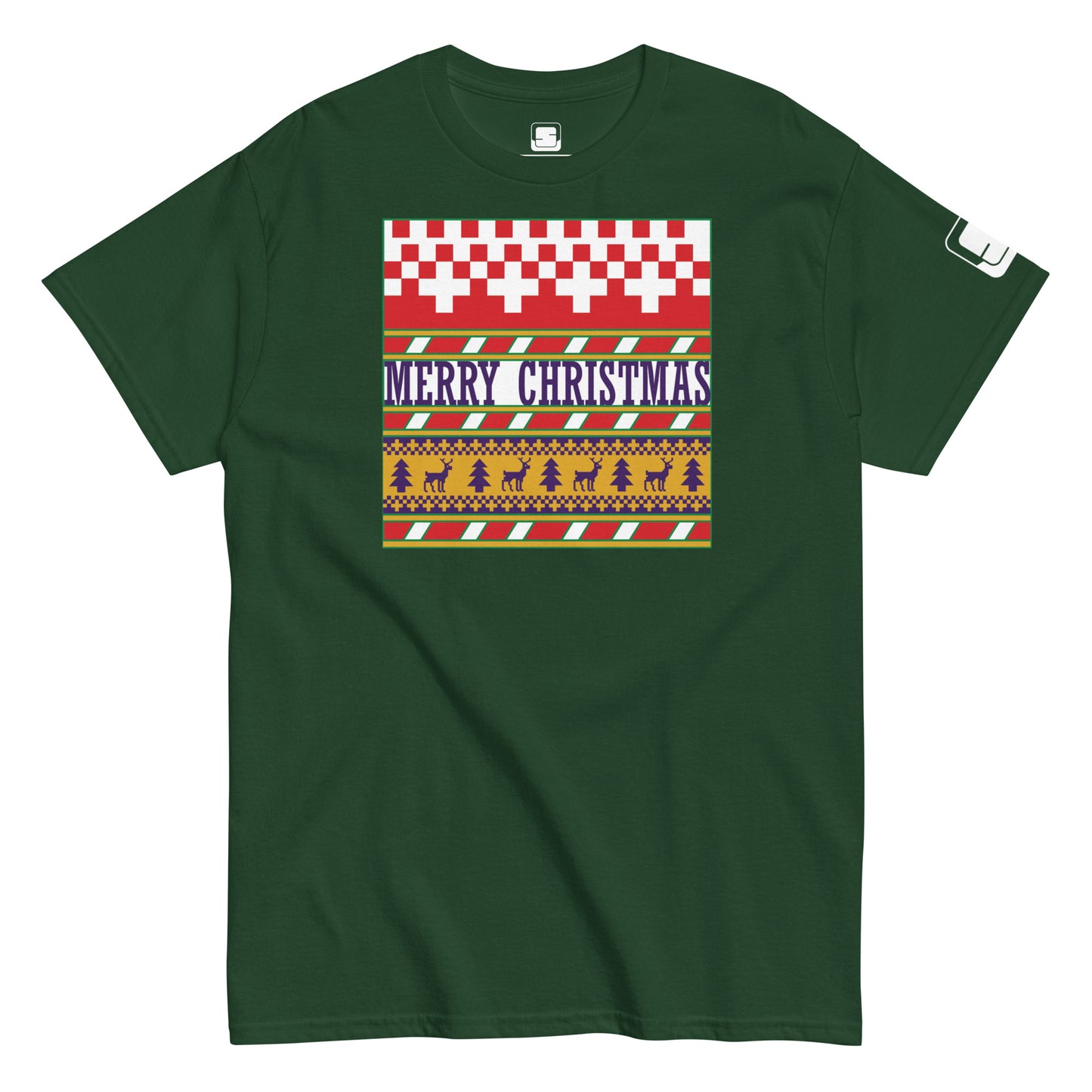 A festive green t-shirt with a 'Merry Christmas' ugly sweater design. The shirt features a holiday-inspired graphic that includes rows of white checkered and green diamonds, with a central band stating 'MERRY CHRISTMAS' in bold white letters, surrounded by patterns of yellow reindeer, trees, and stars