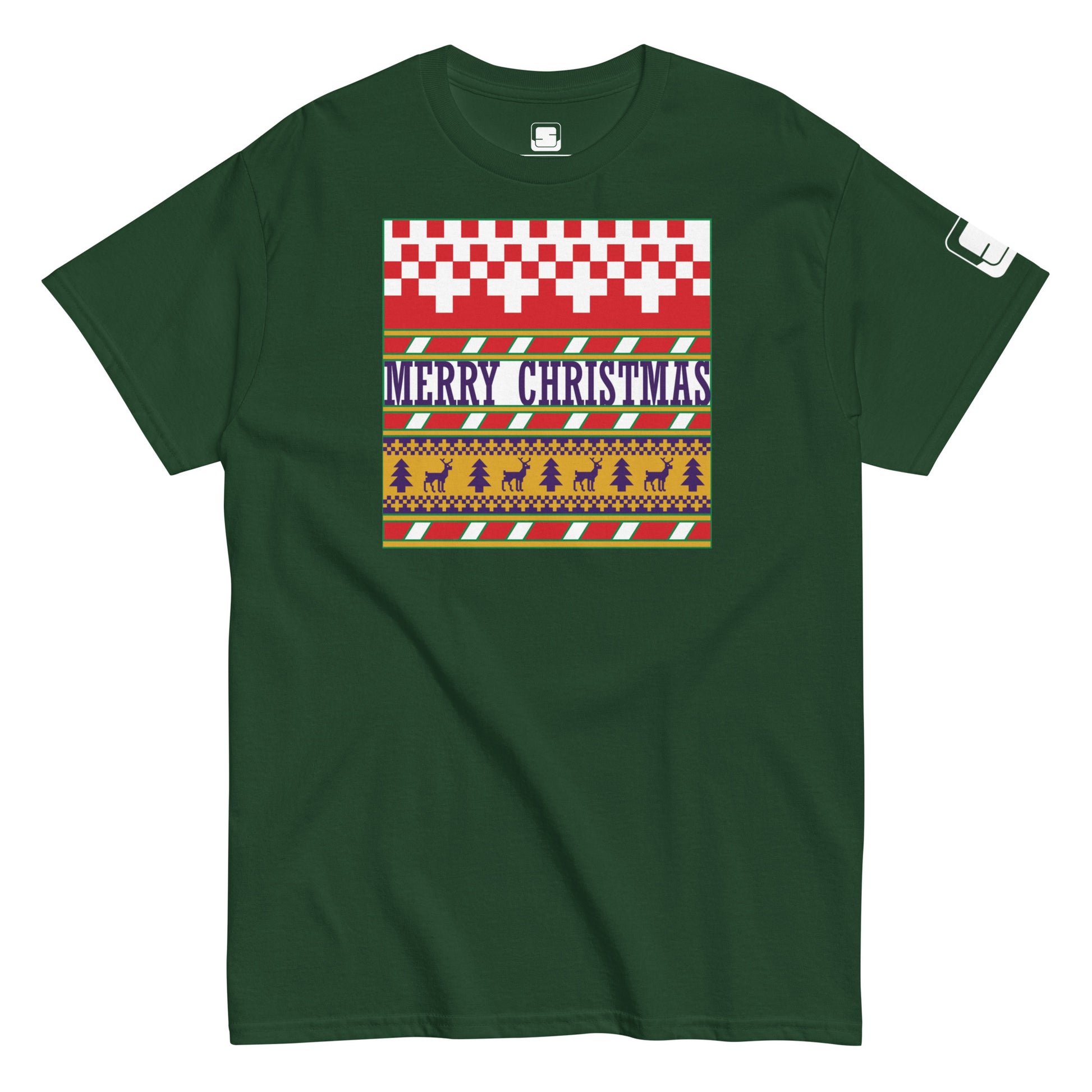 A festive green t-shirt with a 'Merry Christmas' ugly sweater design. The shirt features a holiday-inspired graphic that includes rows of white checkered and green diamonds, with a central band stating 'MERRY CHRISTMAS' in bold white letters, surrounded by patterns of yellow reindeer, trees, and stars