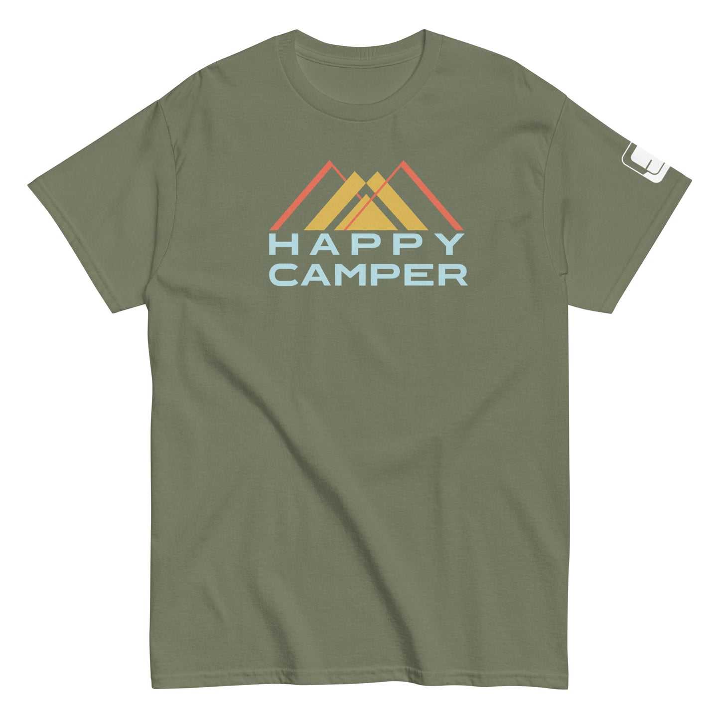 An military green t-shirt showcasing a vibrant mountain motif with three overlaid peaks in yellow and orange. Below the mountain graphic, the phrase "HAPPY CAMPER" is presented in a soft blue, bold sans-serif font. This comfortable, crew-neck shirt is styled for a relaxed fit, ideal for outdoor adventures or casual wear.