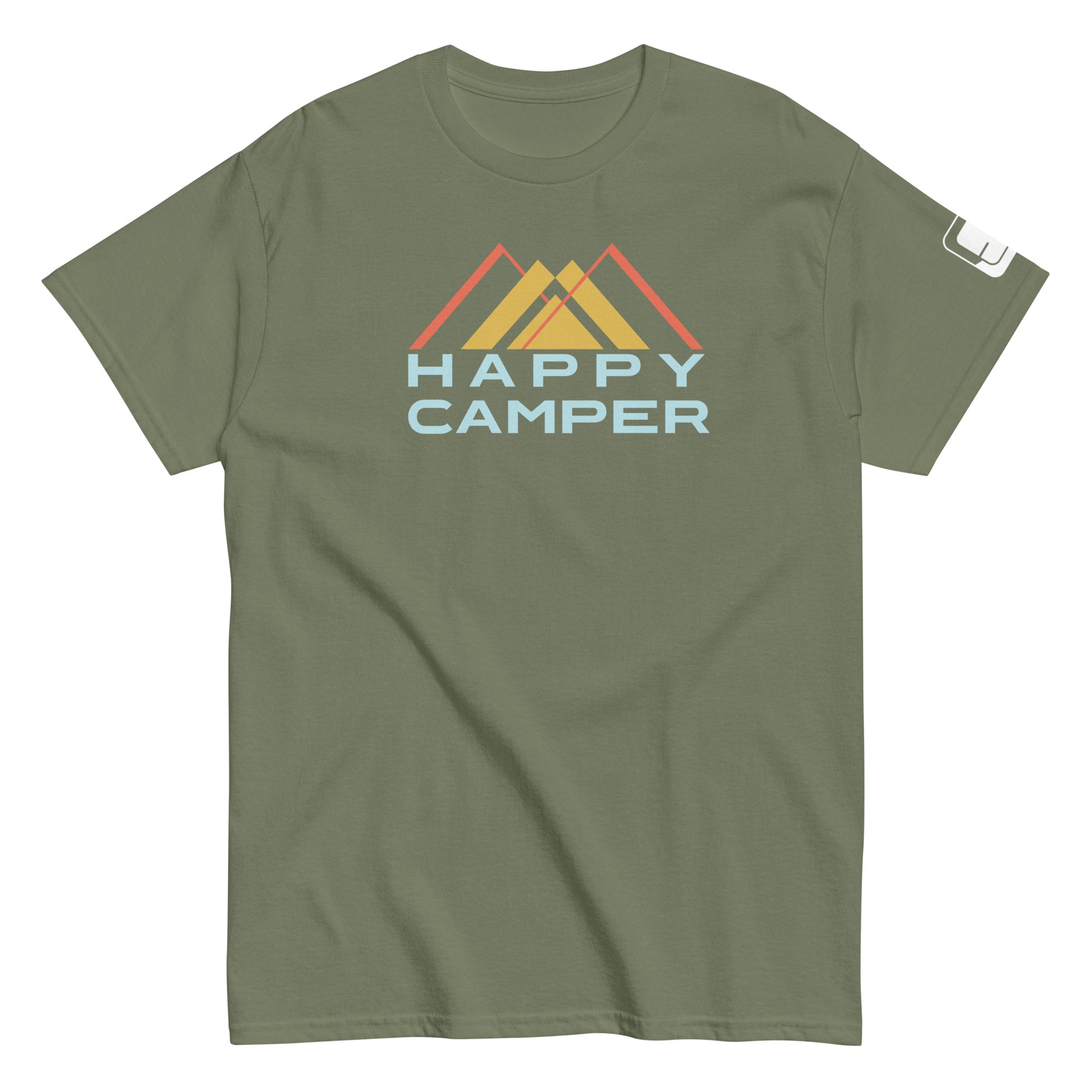 An military green t-shirt showcasing a vibrant mountain motif with three overlaid peaks in yellow and orange. Below the mountain graphic, the phrase "HAPPY CAMPER" is presented in a soft blue, bold sans-serif font. This comfortable, crew-neck shirt is styled for a relaxed fit, ideal for outdoor adventures or casual wear.