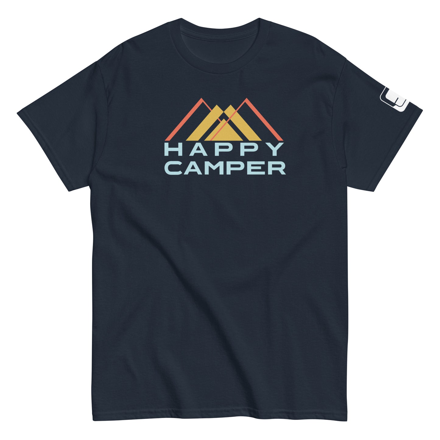A navy blue t-shirt featuring the "Happy Camper" design. This casual crew-neck shirt displays a colorful mountain motif with three overlaid peaks in shades of yellow and orange, beneath which the phrase "HAPPY CAMPER" is printed in bold, pale blue sans-serif font. The t-shirt is shown on a plain white background to highlight the vivid design.