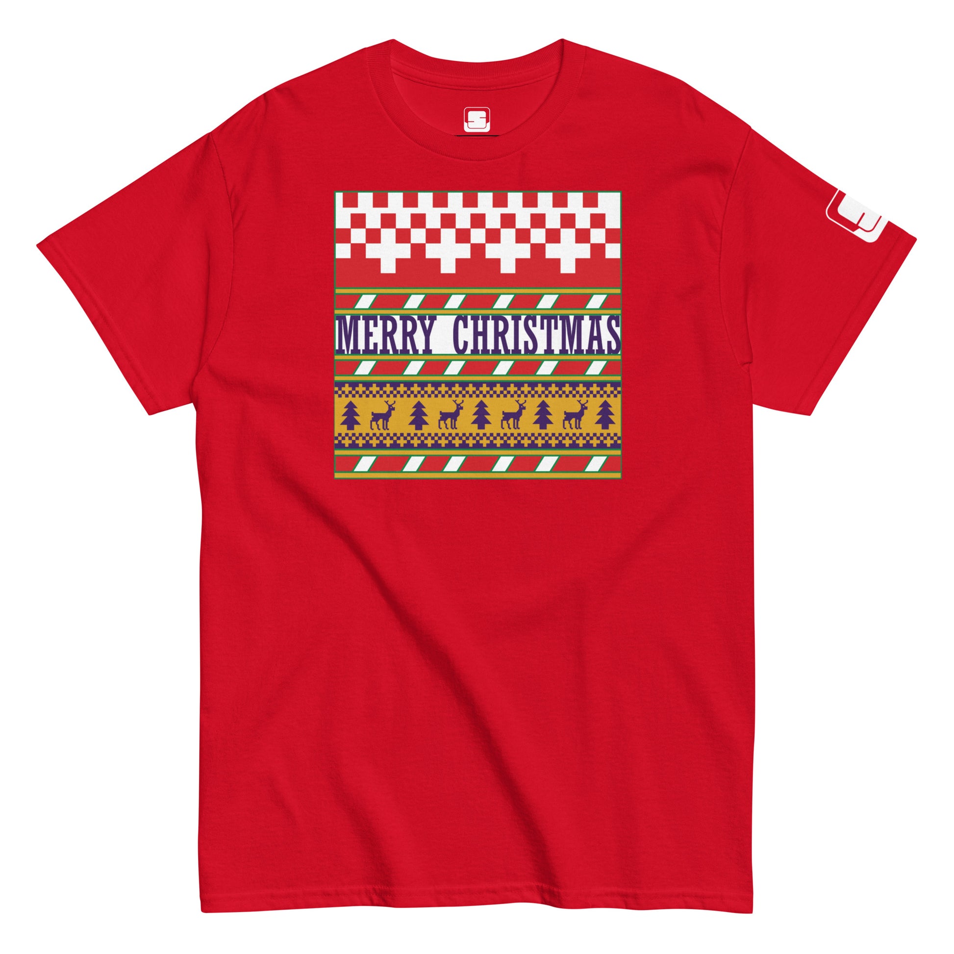 A vibrant red t-shirt featuring a playful 'ugly sweater' style design with patterns in white, green, and yellow. The center of the shirt displays 'MERRY CHRISTMAS' in bold white letters framed by rows of festive Christmas trees, reindeer, and geometric patterns.