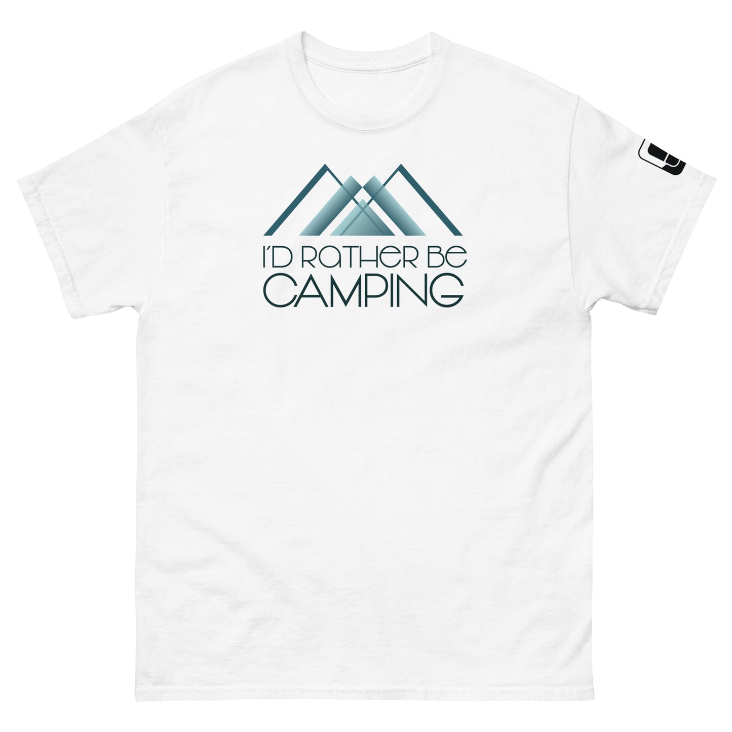 A plain white t-shirt featuring a light teal graphic of two overlapping mountains with the phrase "I'D RATHER BE CAMPING" in black, stylish font centered below the mountains. The design is placed prominently in the center of the shirt. There's a small logo patch on the right sleeve, adding a subtle detail to the casual outdoor-themed shirt.