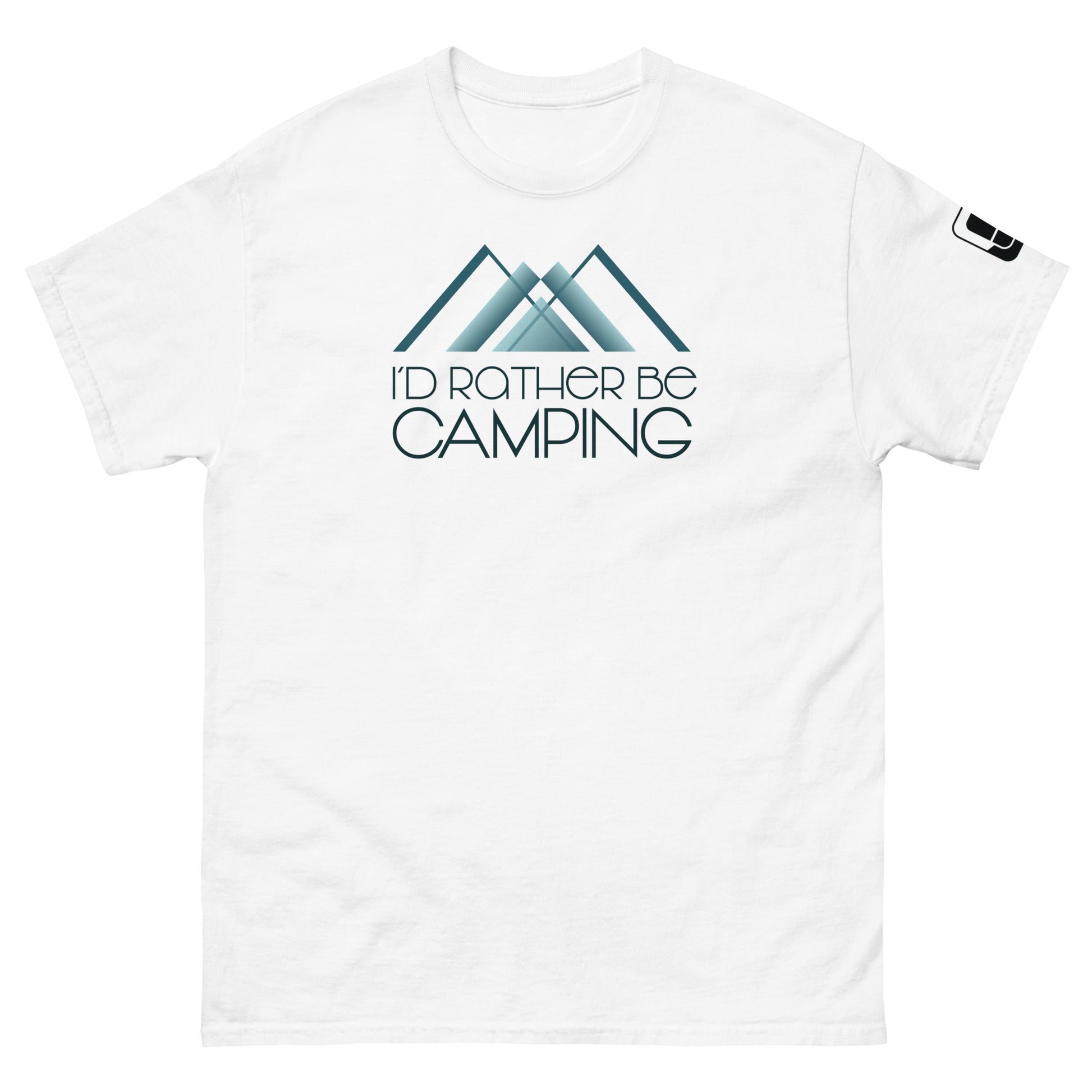 A plain white t-shirt featuring a light teal graphic of two overlapping mountains with the phrase "I'D RATHER BE CAMPING" in black, stylish font centered below the mountains. The design is placed prominently in the center of the shirt. There's a small logo patch on the right sleeve, adding a subtle detail to the casual outdoor-themed shirt.