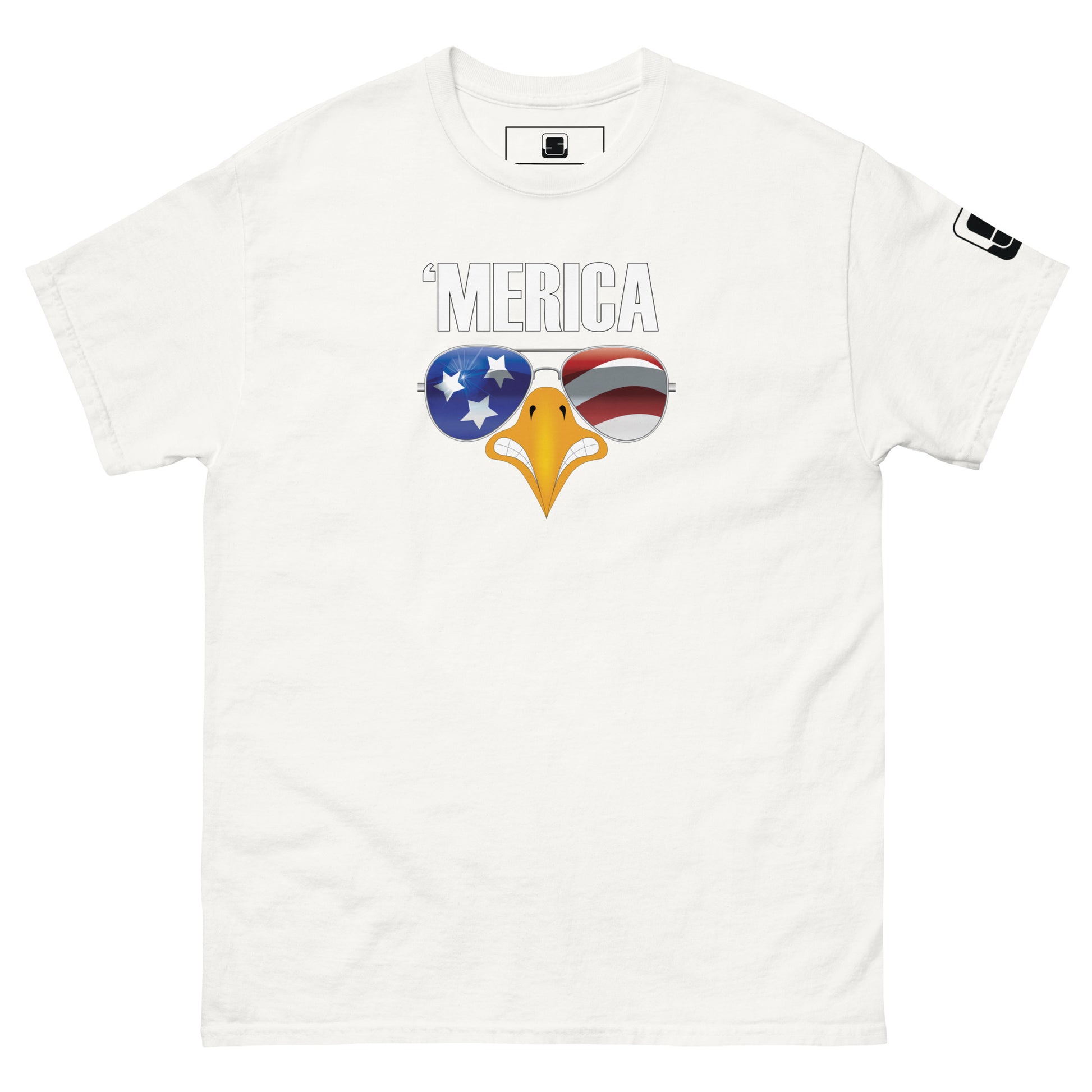 A white t-shirt displayed flat, featuring a bold and patriotic graphic design. At the top, the text "'MERICA" is written in large, uppercase white letters. Below it is an eagle's beak framed by aviator-style sunglasses. The left lens displays a blue background with white stars, and the right lens features red and white stripes, both representing the American flag. The minimalistic design contrasts with the clean white background, making it ideal for showcasing national pride in a fun way.