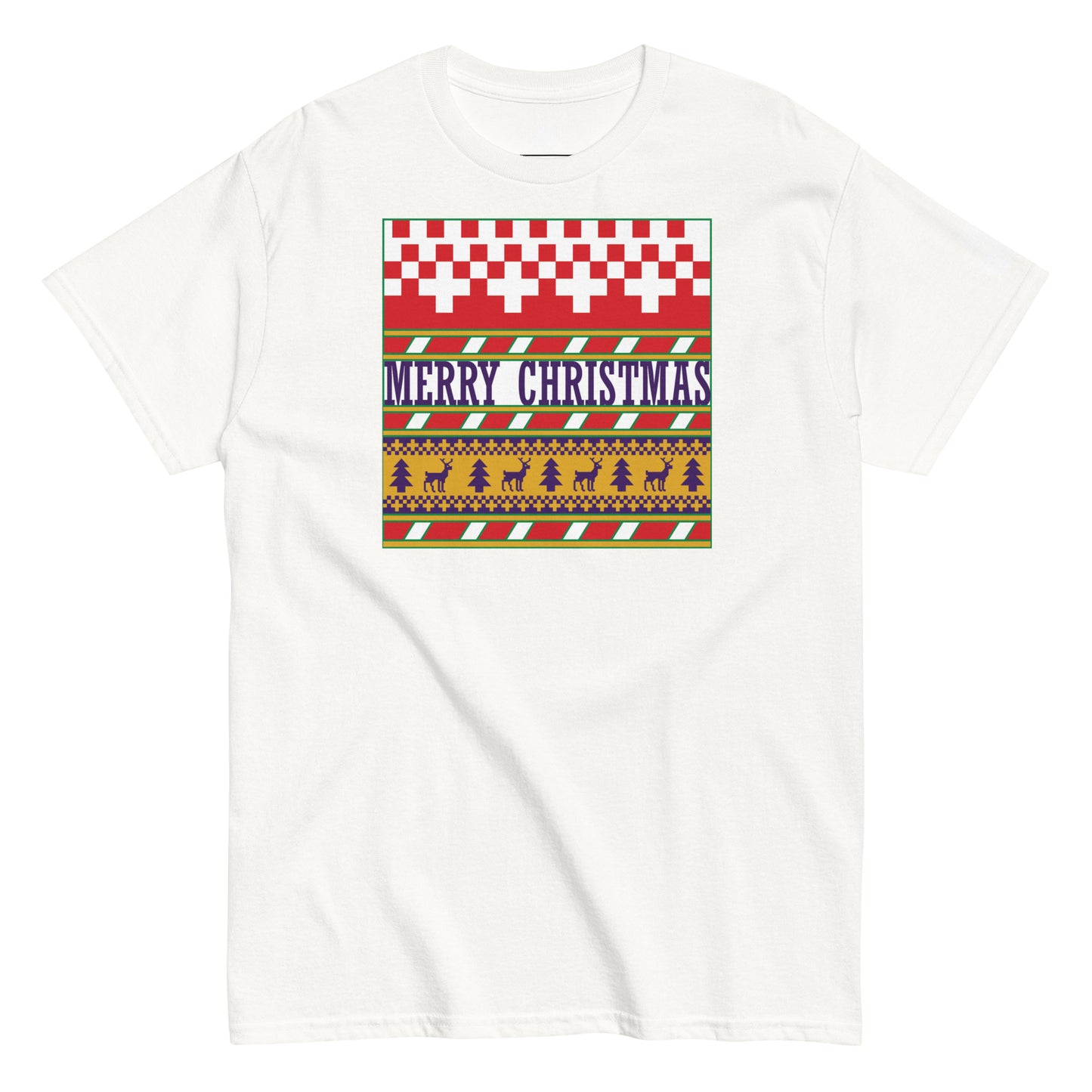 A classic white t-shirt featuring a 'Merry Christmas' ugly sweater design. The t-shirt displays a cheerful holiday pattern with rows of white checkered and red diamonds, along with a central stripe labeled 'MERRY CHRISTMAS' in bold purple letters flanked by yellow reindeer and tree motifs, capturing the festive spirit of the season.