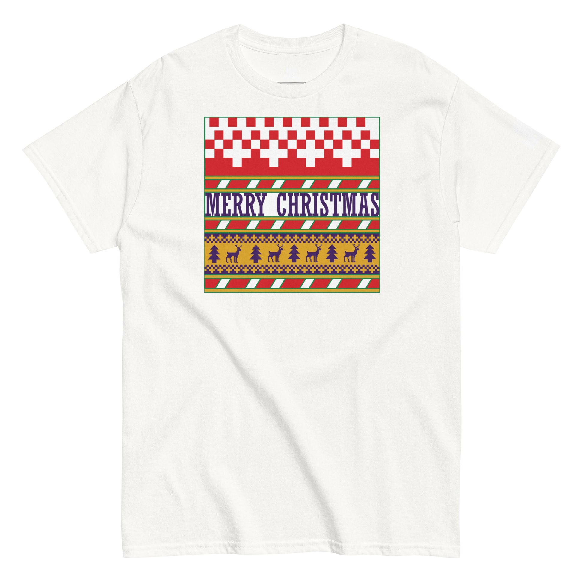 A classic white t-shirt featuring a 'Merry Christmas' ugly sweater design. The t-shirt displays a cheerful holiday pattern with rows of white checkered and red diamonds, along with a central stripe labeled 'MERRY CHRISTMAS' in bold purple letters flanked by yellow reindeer and tree motifs, capturing the festive spirit of the season.