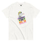 A white t-shirt featuring a playful graphic of a gray possum with a vibrant green mohawk. The possum is animatedly positioned atop a purple and yellow boombox, suggesting a fun rock and roll theme. Below the image, the colorful text "ROCK 'UM POSSUM" adds a lively touch to the design. The overall appearance is casual and whimsical, ideal for a light-hearted, music-loving audience.