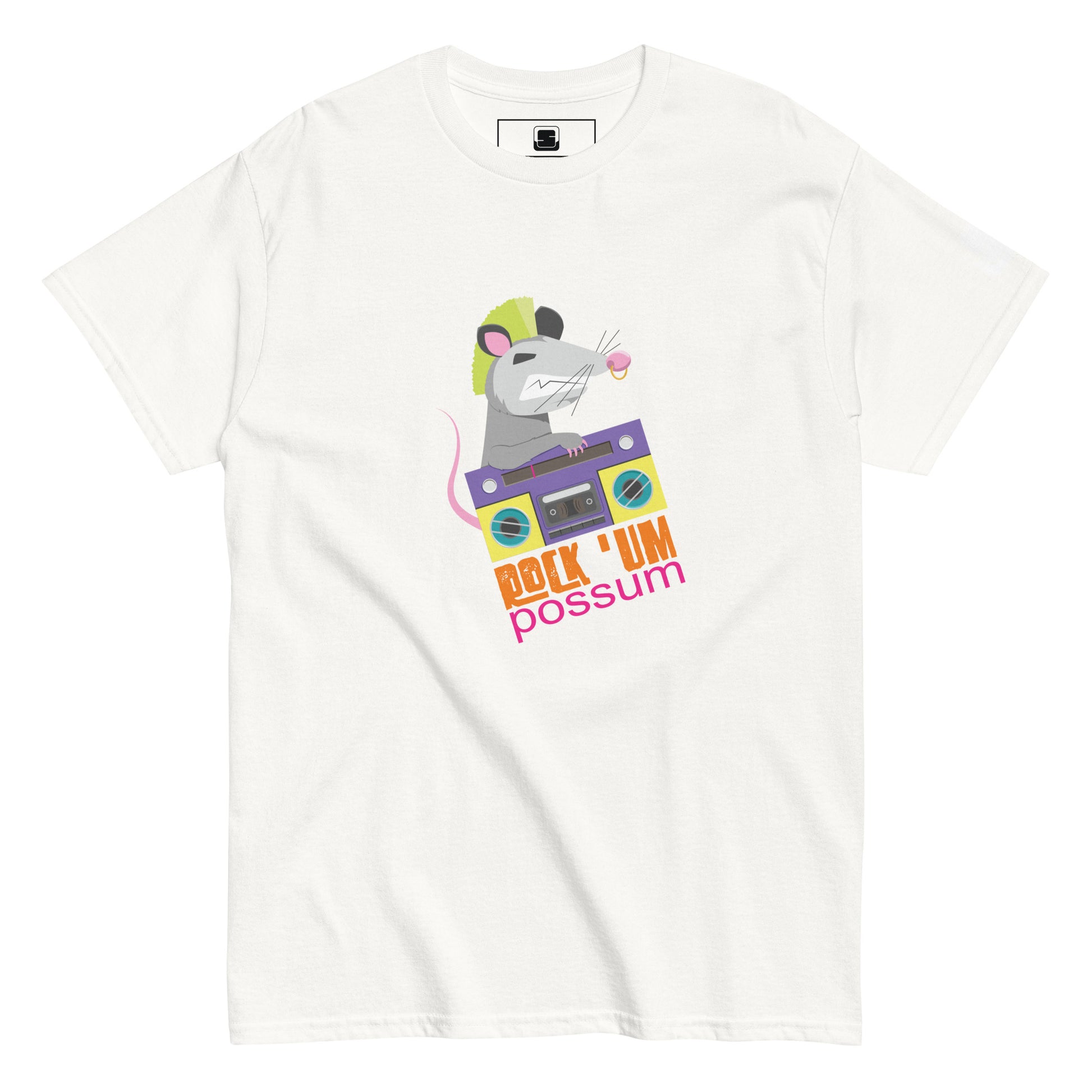 A white t-shirt featuring a playful graphic of a gray possum with a vibrant green mohawk. The possum is animatedly positioned atop a purple and yellow boombox, suggesting a fun rock and roll theme. Below the image, the colorful text "ROCK 'UM POSSUM" adds a lively touch to the design. The overall appearance is casual and whimsical, ideal for a light-hearted, music-loving audience.
