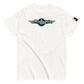 A plain white t-shirt laid flat, featuring the Shapetrix Entertainment logo centrally placed. The logo includes the brand name in stylish teal and white lettering inside a black circle, accented by elongated white wing-like graphics on both sides. A tag on the left sleeve shows a tiny black and white Shapetrix Entertainment label, enhancing the clean and modern appeal of the shirt.