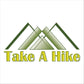 A graphic design featuring stylized green mountains formed by overlapping triangular shapes with transparency effects, suggesting depth and perspective. Below the mountains, the phrase "Take A Hike" is written in bold yellow letters with a green outline, evoking an adventurous outdoor spirit. The entire design is set against a plain white background, highlighting the vivid colors and clean lines of the graphic.