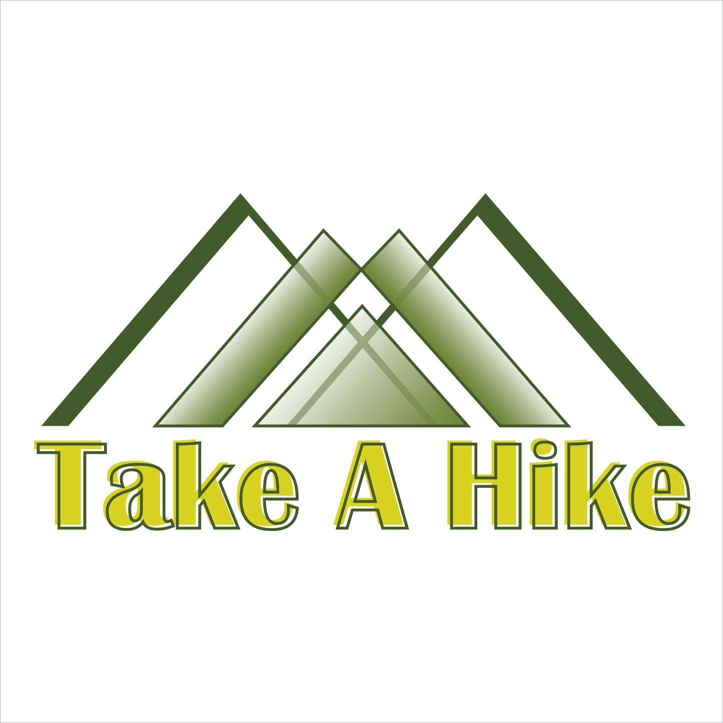 A graphic design featuring stylized green mountains formed by overlapping triangular shapes with transparency effects, suggesting depth and perspective. Below the mountains, the phrase "Take A Hike" is written in bold yellow letters with a green outline, evoking an adventurous outdoor spirit. The entire design is set against a plain white background, highlighting the vivid colors and clean lines of the graphic.