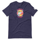 A deep navy blue t-shirt adorned with a vibrant graphic of "AWESOME POSSUM" in a circular design. The graphic features a stylized possum wearing green sunglasses, positioned against a backdrop of colorful, horizontal sunset hues. The design offers a playful and engaging aesthetic on a classic t-shirt with a round neckline and short sleeves.