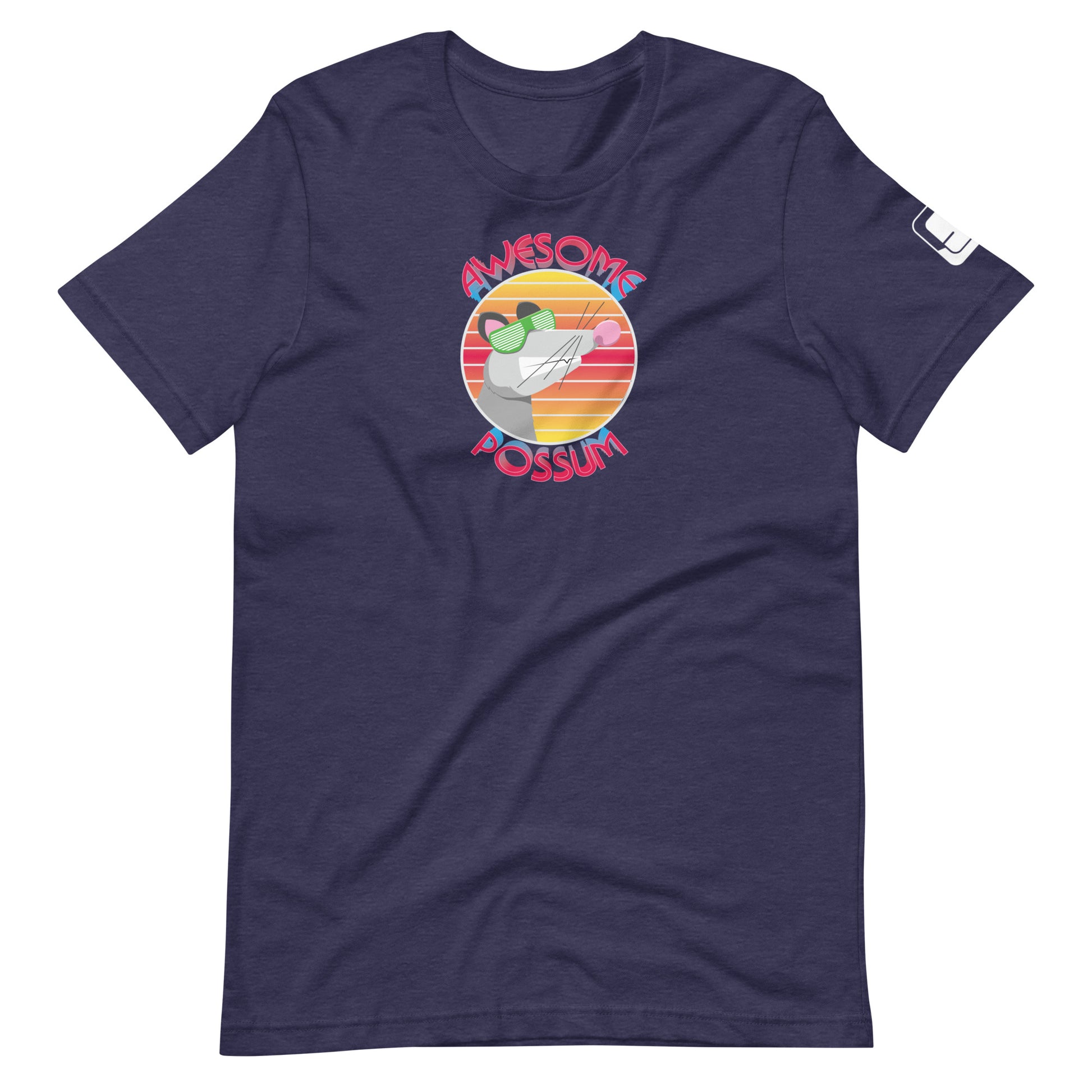 A deep navy blue t-shirt adorned with a vibrant graphic of "AWESOME POSSUM" in a circular design. The graphic features a stylized possum wearing green sunglasses, positioned against a backdrop of colorful, horizontal sunset hues. The design offers a playful and engaging aesthetic on a classic t-shirt with a round neckline and short sleeves.