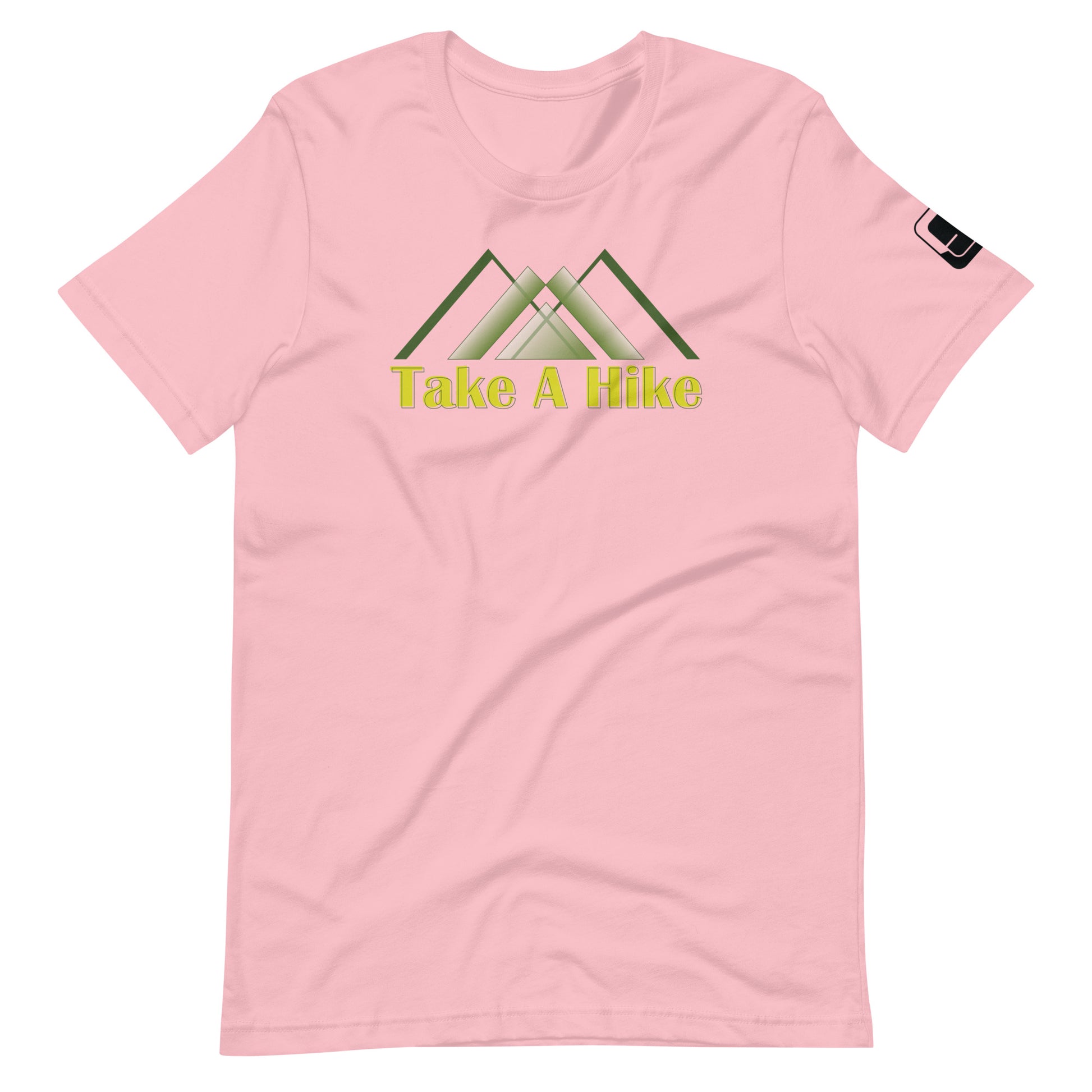 A pale pink t-shirt with a design featuring three stylized green mountain peaks above the phrase "Take A Hike" in bold yellow letters. The t-shirt has a crew neckline, short sleeves, and a small black logo patch on the right sleeve. The graphic is centered on the chest, offering a simple yet striking visual theme appropriate for outdoor enthusiasts. The shirt's soft color palette gives it a gentle and appealing look.