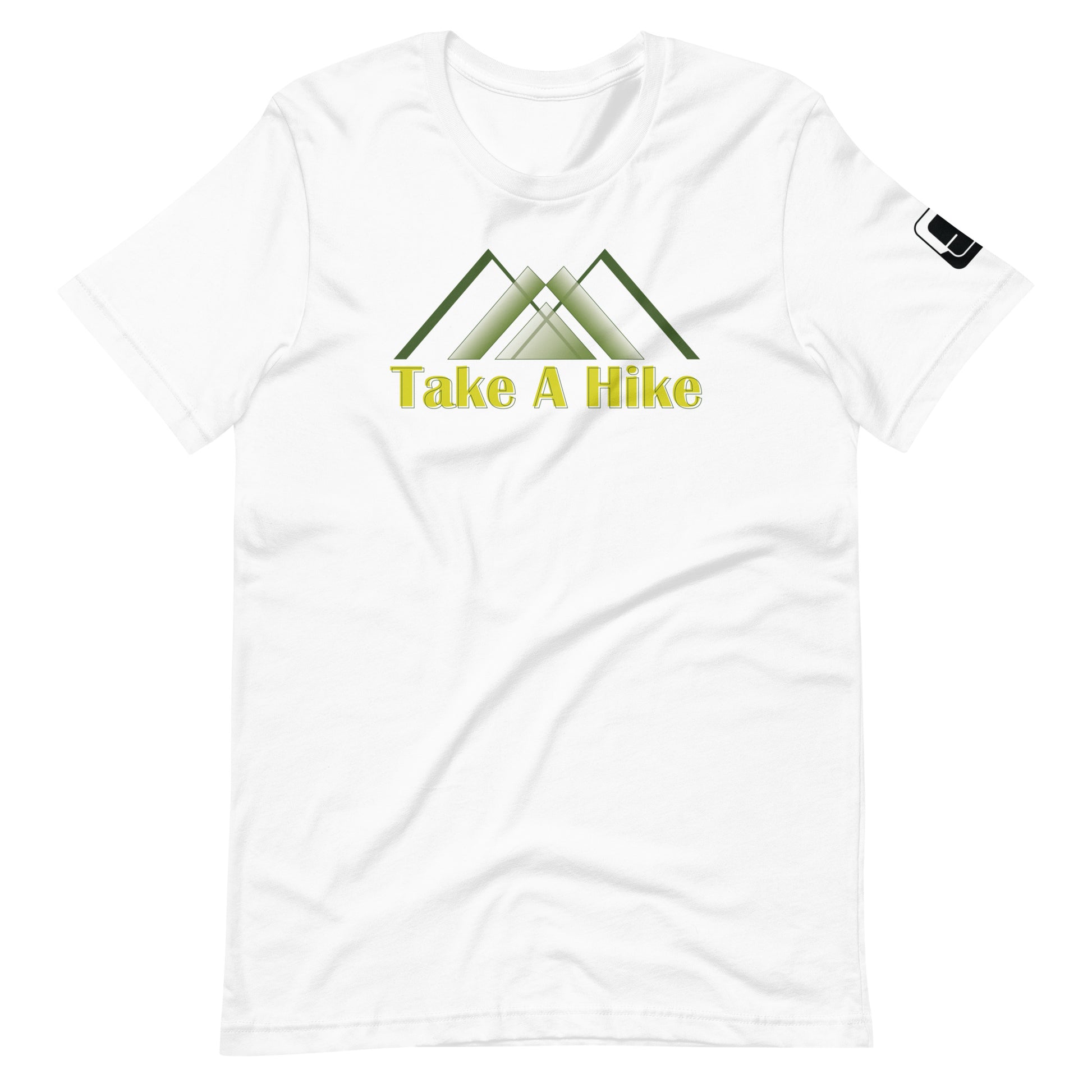 A plain white t-shirt with a design featuring stylized green mountains above the phrase "Take A Hike" in yellow, bold letters. The mountains are depicted in a simple, modern style with overlapping triangular shapes. The t-shirt has a casual fit with a round neckline and short sleeves, and there's a small black logo patch on the right sleeve. The shirt is laid flat on a white background, highlighting the vibrant design and clean lines of the garment.