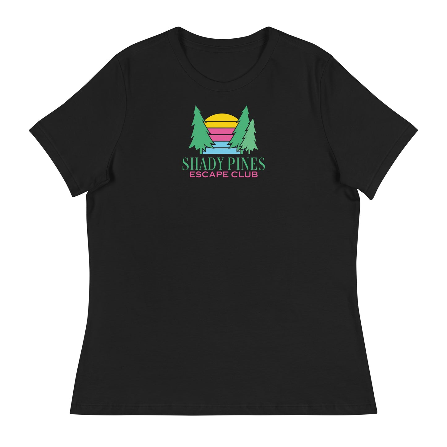 A black t-shirt featuring the "Shady Pines Escape Club" logo prominently displayed on the chest. The design includes two green pine trees framing a colorful stylized sunset with horizontal stripes in yellow, pink, purple, and blue. Beneath the graphic, "SHADY PINES" is written in bold green letters, with "ESCAPE CLUB" in smaller pink text underneath. The vibrant logo contrasts sharply with the black fabric, creating a modern and versatile look perfect for casual outings.
