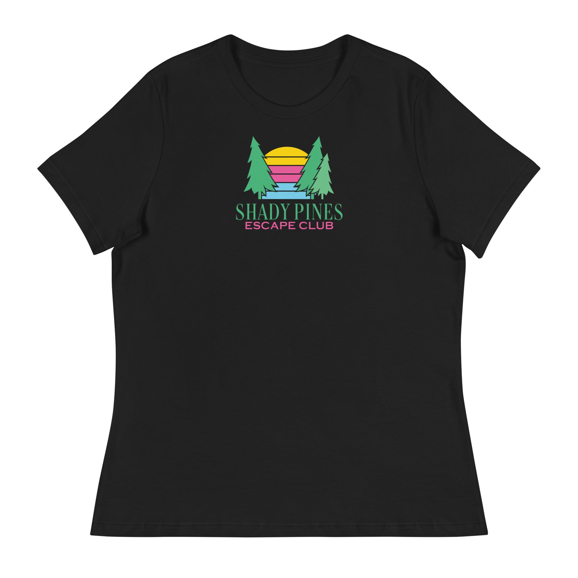 A black t-shirt featuring the "Shady Pines Escape Club" logo prominently displayed on the chest. The design includes two green pine trees framing a colorful stylized sunset with horizontal stripes in yellow, pink, purple, and blue. Beneath the graphic, "SHADY PINES" is written in bold green letters, with "ESCAPE CLUB" in smaller pink text underneath. The vibrant logo contrasts sharply with the black fabric, creating a modern and versatile look perfect for casual outings.