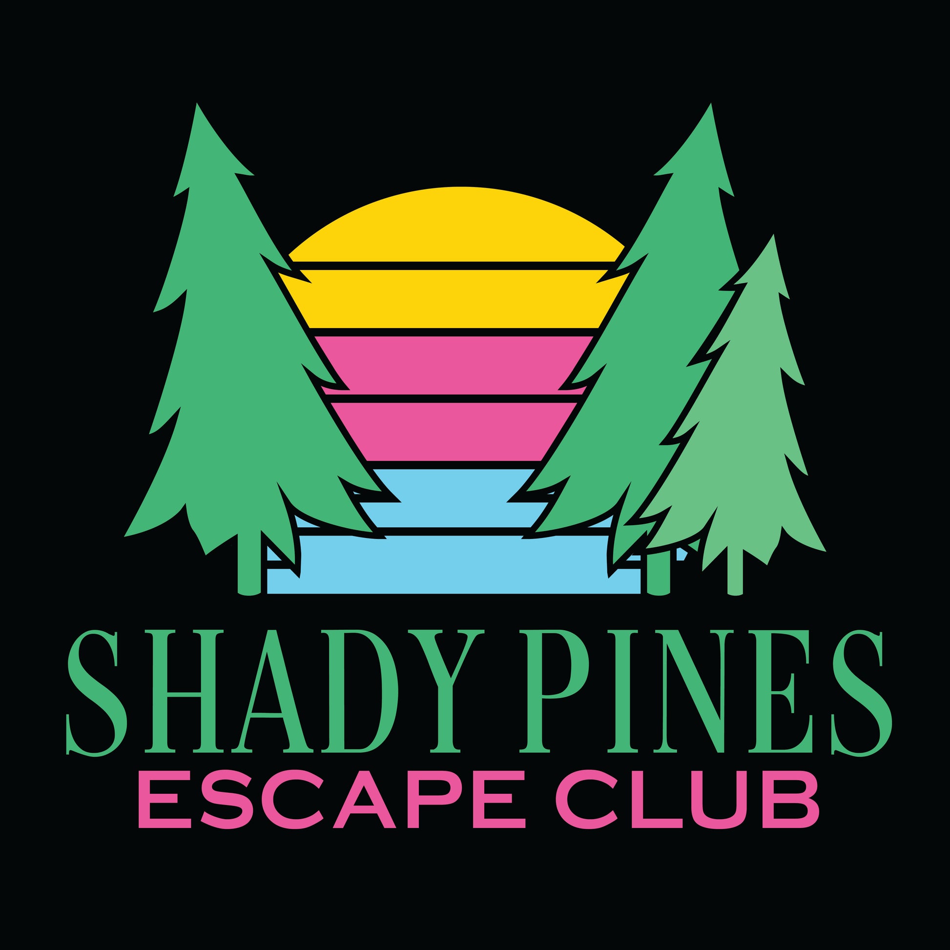 This image features a logo for "Shady Pines Escape Club," inspired by the nursing home from the television show "Golden Girls." The logo includes two stylized evergreen trees framing a colorful sunset with horizontal bands of yellow, pink, purple, and blue. The name "SHADY PINES" is prominently displayed in large, bold green letters at the top, while "ESCAPE CLUB" is shown in smaller pink text below. 