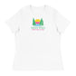 A simple white t-shirt featuring the "Shady Pines Escape Club" logo prominently on the chest. The logo displays three green pine trees framing a vibrant sunset with horizontal stripes in yellow, pink, and light blue. Below the design, "SHADY PINES" is written in bold green text, with "ESCAPE CLUB" in smaller pink lettering underneath. The minimalist and colorful design gives the t-shirt a clean and versatile look, perfect for casual wear.