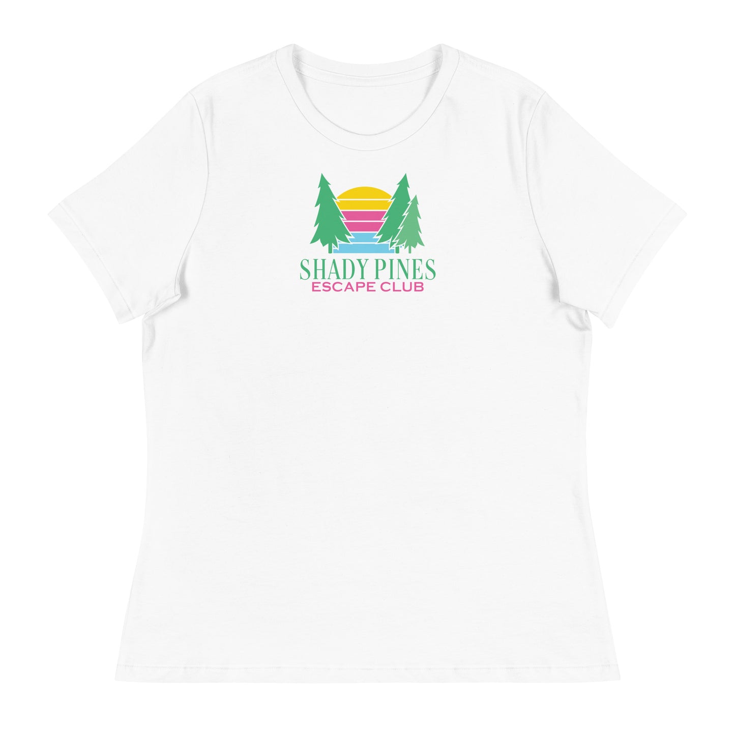 A simple white t-shirt featuring the "Shady Pines Escape Club" logo prominently on the chest. The logo displays three green pine trees framing a vibrant sunset with horizontal stripes in yellow, pink, and light blue. Below the design, "SHADY PINES" is written in bold green text, with "ESCAPE CLUB" in smaller pink lettering underneath. The minimalist and colorful design gives the t-shirt a clean and versatile look, perfect for casual wear.