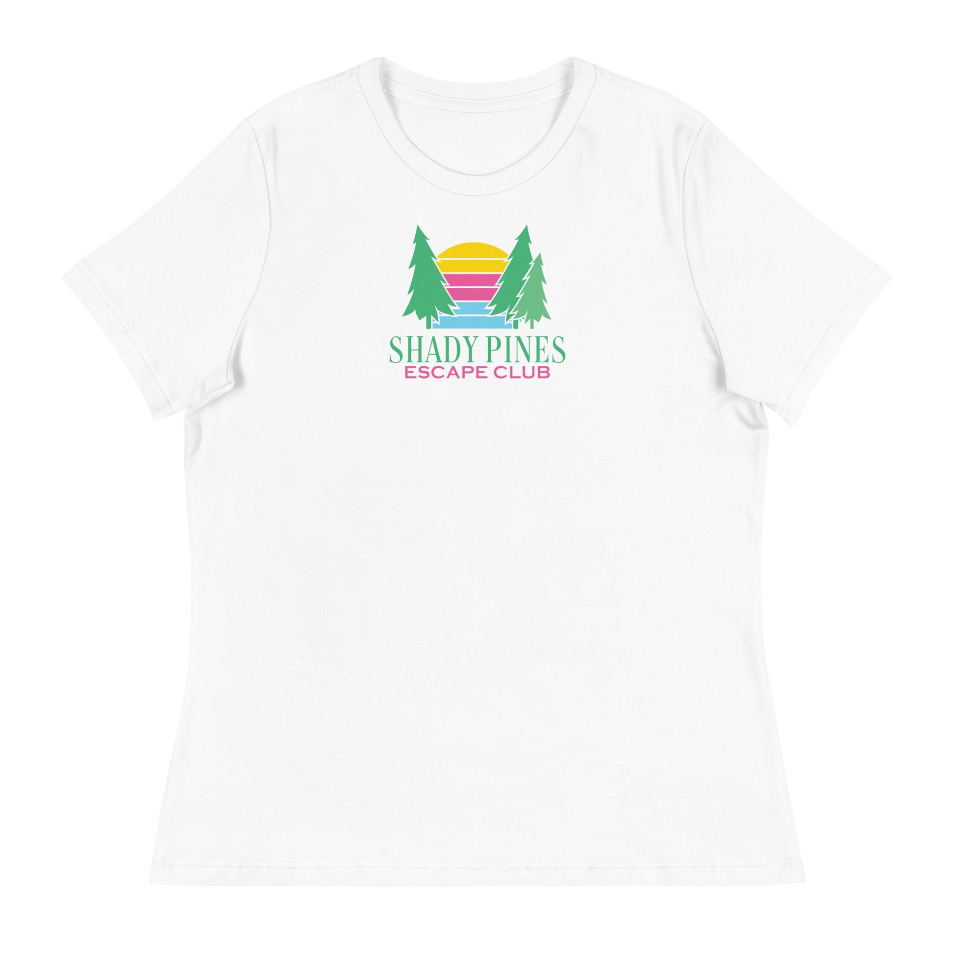 A simple white t-shirt featuring the "Shady Pines Escape Club" logo prominently on the chest. The logo displays three green pine trees framing a vibrant sunset with horizontal stripes in yellow, pink, and light blue. Below the design, "SHADY PINES" is written in bold green text, with "ESCAPE CLUB" in smaller pink lettering underneath. The minimalist and colorful design gives the t-shirt a clean and versatile look, perfect for casual wear.