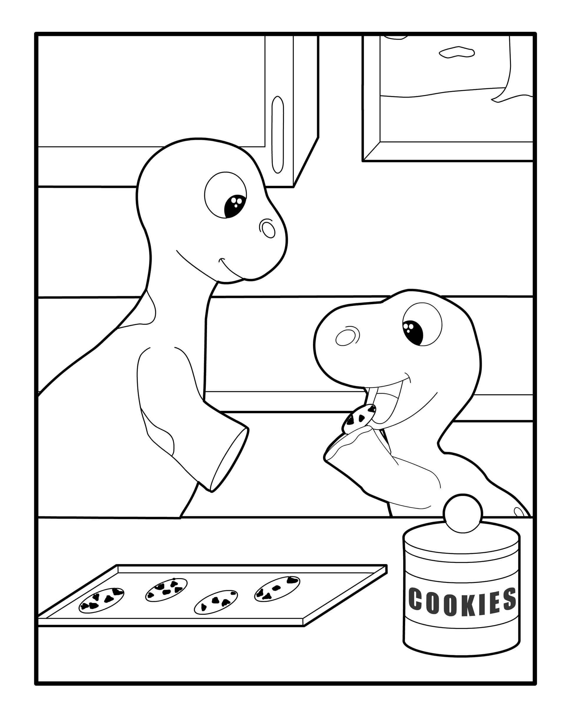 Black and white coloring page featuring two cartoon dinosaurs in a kitchen. One dinosaur is standing, looking at a cookie jar labeled 'COOKIES' while the other is sitting, gleefully munching on a cookie. There's a tray of cookies on the countertop.