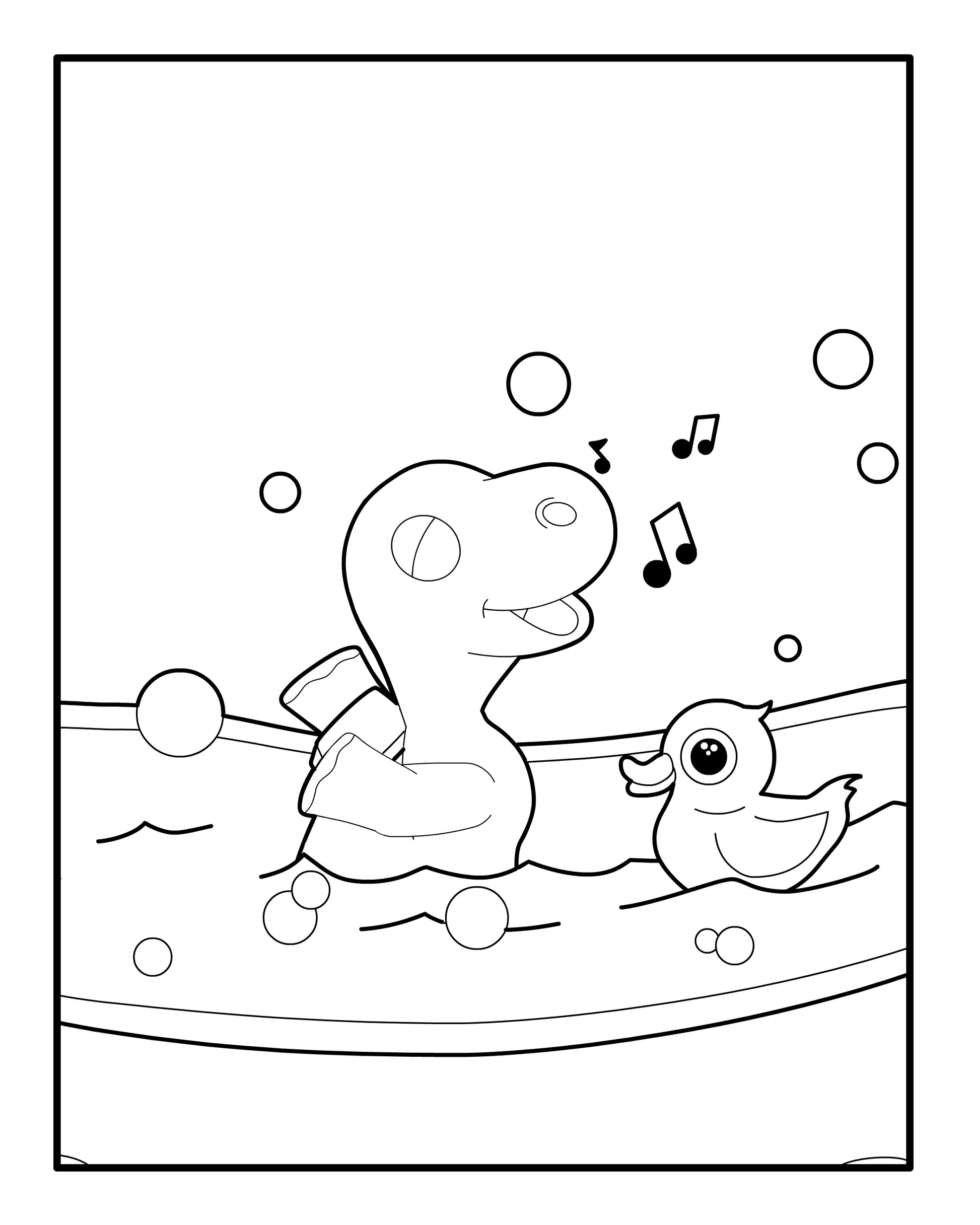 A black and white coloring page depicting a cartoon dinosaur enjoying a bath with a rubber ducky. The dinosaur, donning a playful smile, is surrounded by soap bubbles and musical notes, suggesting a lighthearted singing moment in the tub.