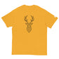 A mustard yellow T-shirt displayed flat, showcasing a central geometric deer head design in black. The design features intricate line work and symmetrical patterns within the deer's head and antlers, creating a striking visual contrast against the bright background.