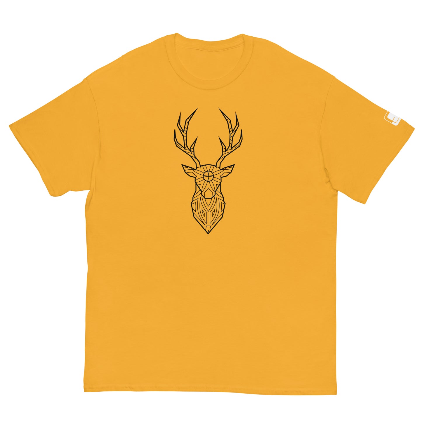 A mustard yellow T-shirt displayed flat, showcasing a central geometric deer head design in black. The design features intricate line work and symmetrical patterns within the deer's head and antlers, creating a striking visual contrast against the bright background.
