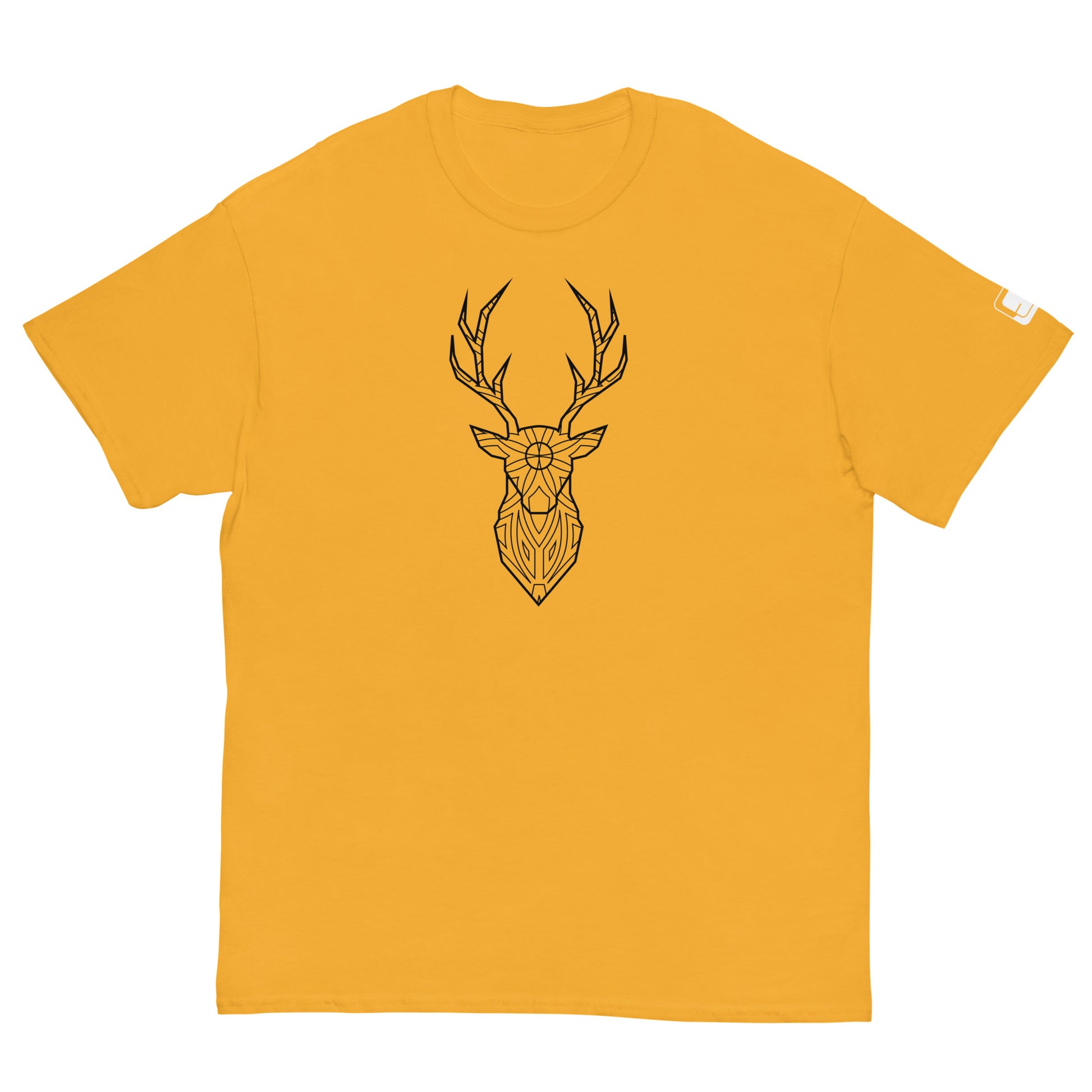A mustard yellow T-shirt displayed flat, showcasing a central geometric deer head design in black. The design features intricate line work and symmetrical patterns within the deer's head and antlers, creating a striking visual contrast against the bright background.