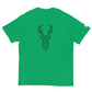 A vibrant green T-shirt laid flat, featuring a centered black geometric deer head design. The design is detailed with symmetrical line work within the silhouette of the deer's head and antlers, giving the shirt a bold and artistic appearance.