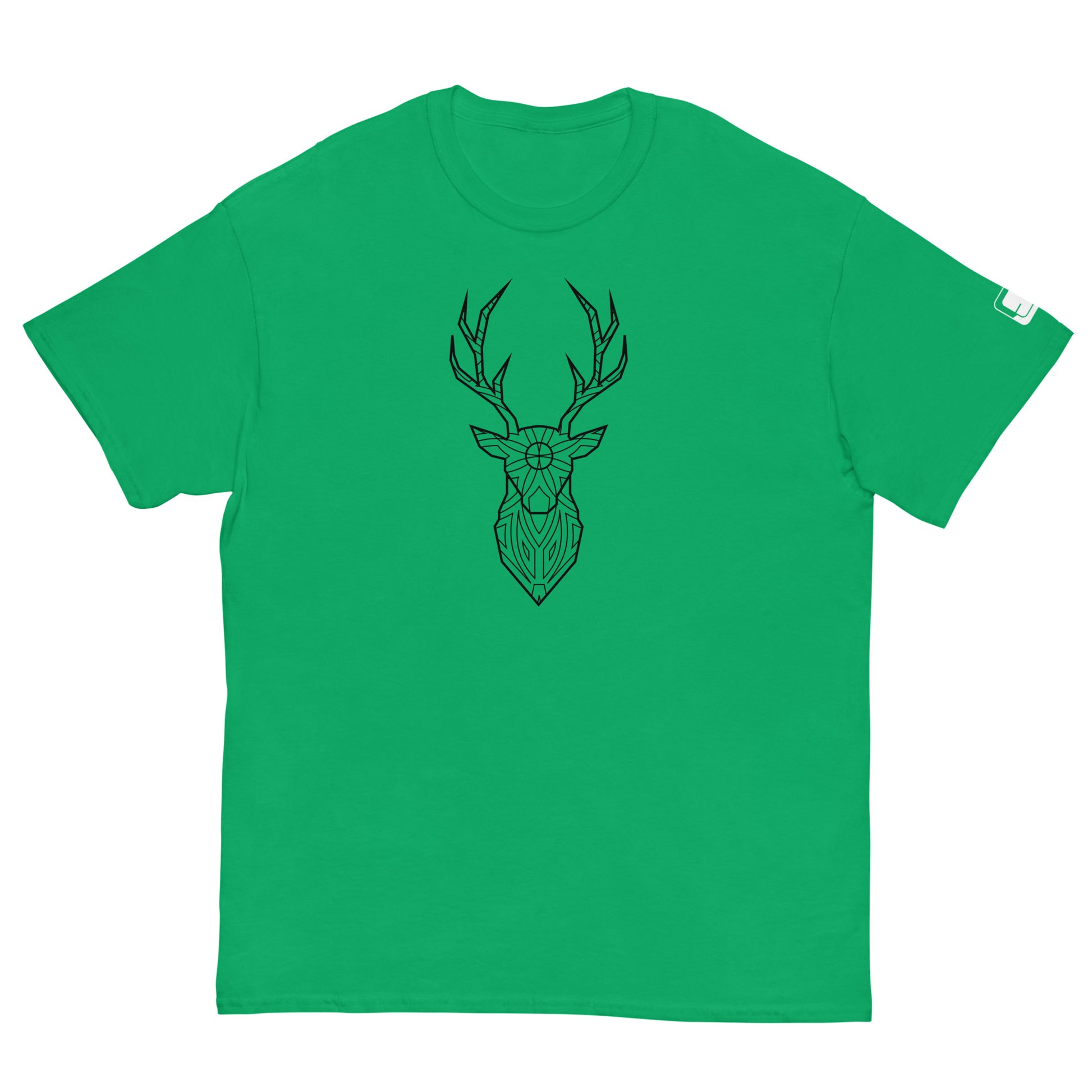 A vibrant green T-shirt laid flat, featuring a centered black geometric deer head design. The design is detailed with symmetrical line work within the silhouette of the deer's head and antlers, giving the shirt a bold and artistic appearance.