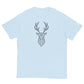 Light blue T-shirt displayed flat, featuring a centered, intricate geometric deer head design in black. The design includes detailed line work within the silhouette of the deer's head and antlers, giving it a modern, artistic look.