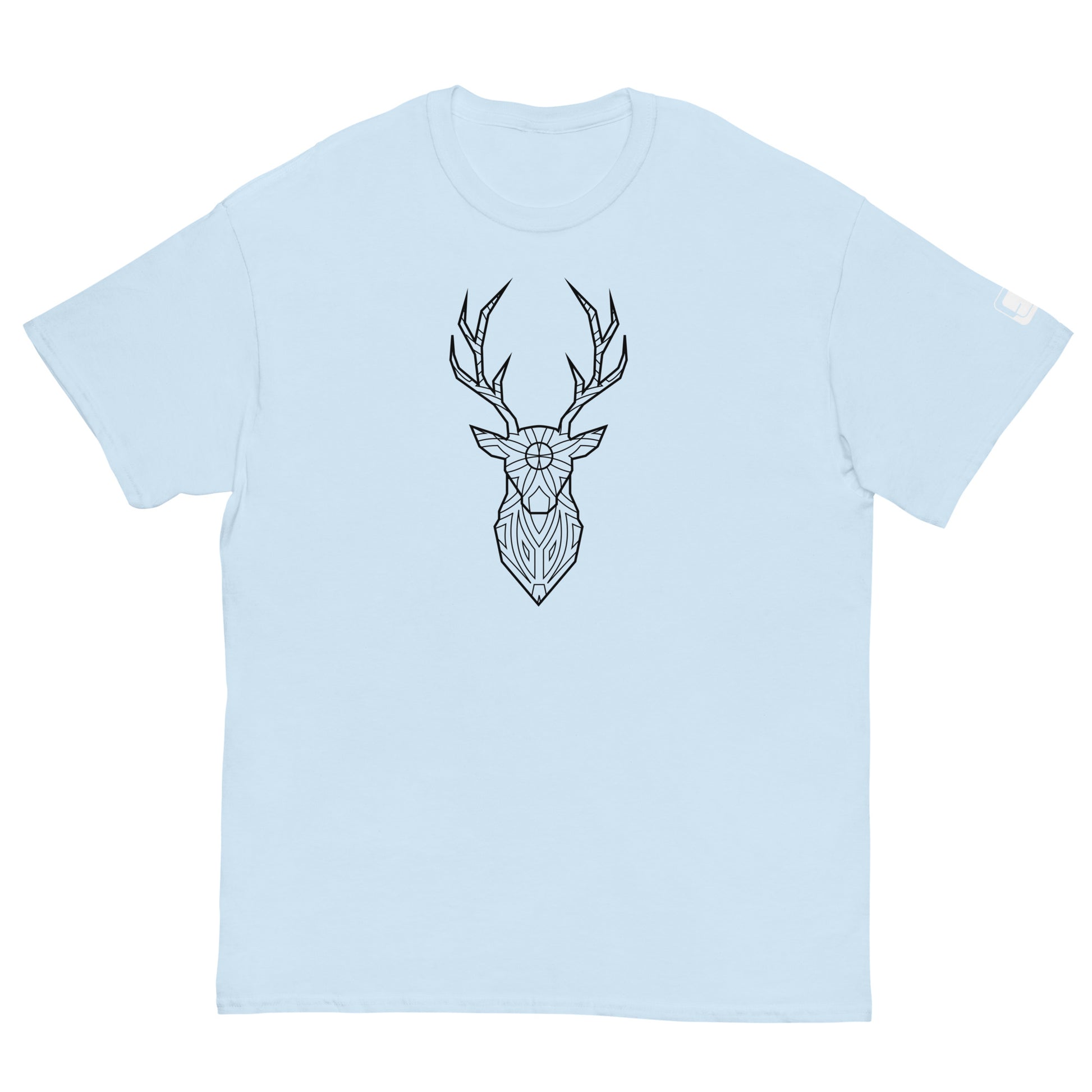 Light blue T-shirt displayed flat, featuring a centered, intricate geometric deer head design in black. The design includes detailed line work within the silhouette of the deer's head and antlers, giving it a modern, artistic look.