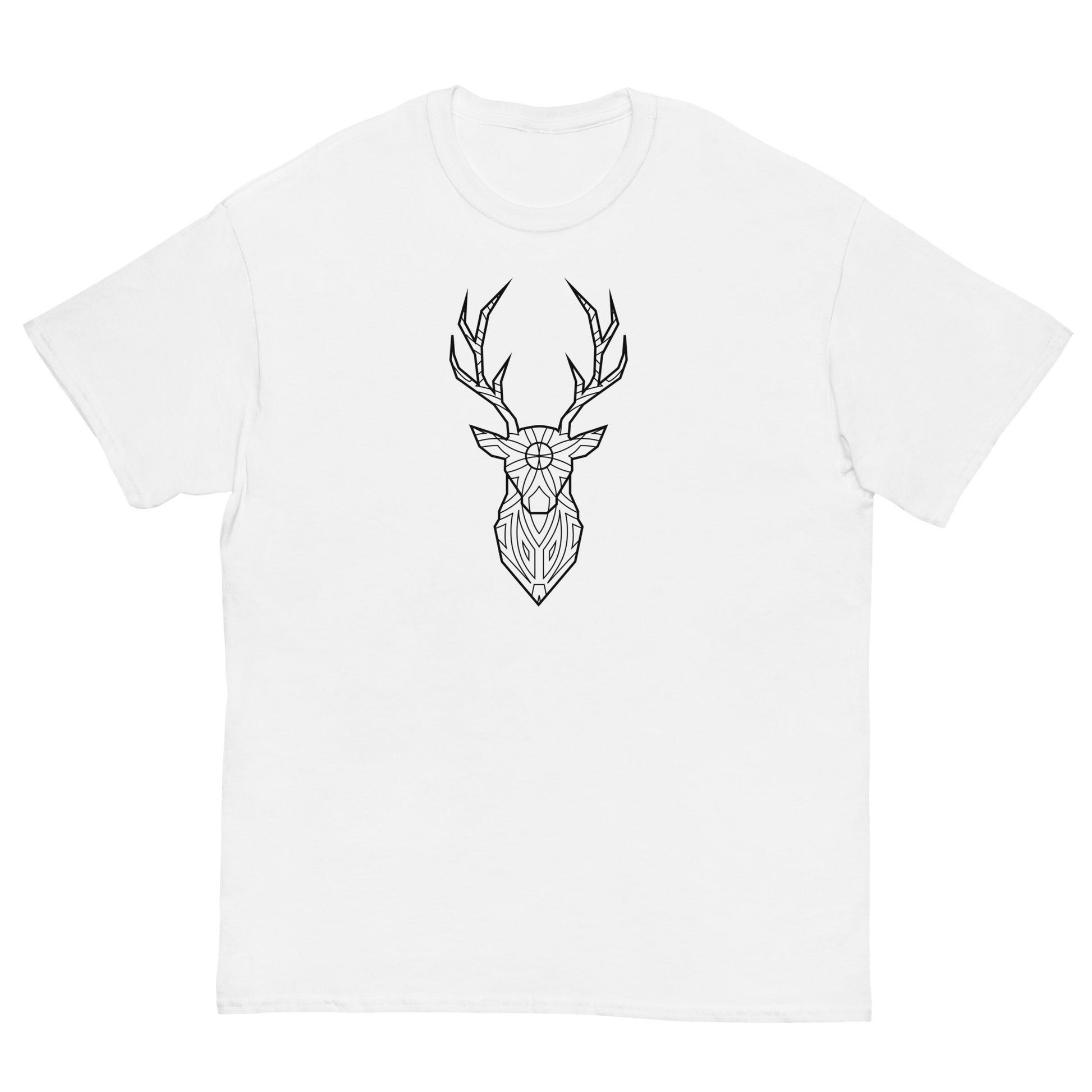 A plain white T-shirt laid flat, showcasing a centered black geometric deer head design. The deer, depicted in a stylized and intricate pattern, features prominent antlers and a detailed facial structure, giving the shirt a sophisticated and artistic look